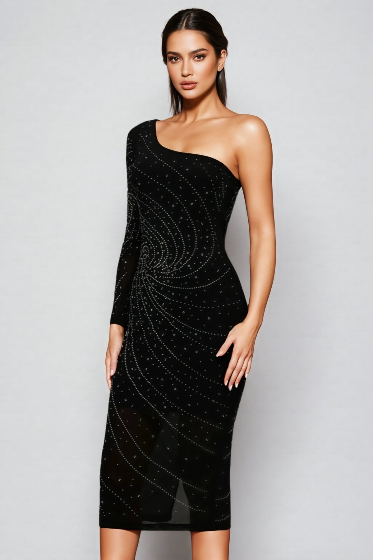 One Shoulder Long Sleeve Rhinestone Spiral Mesh Sheer Hem Midi Dress - View 2