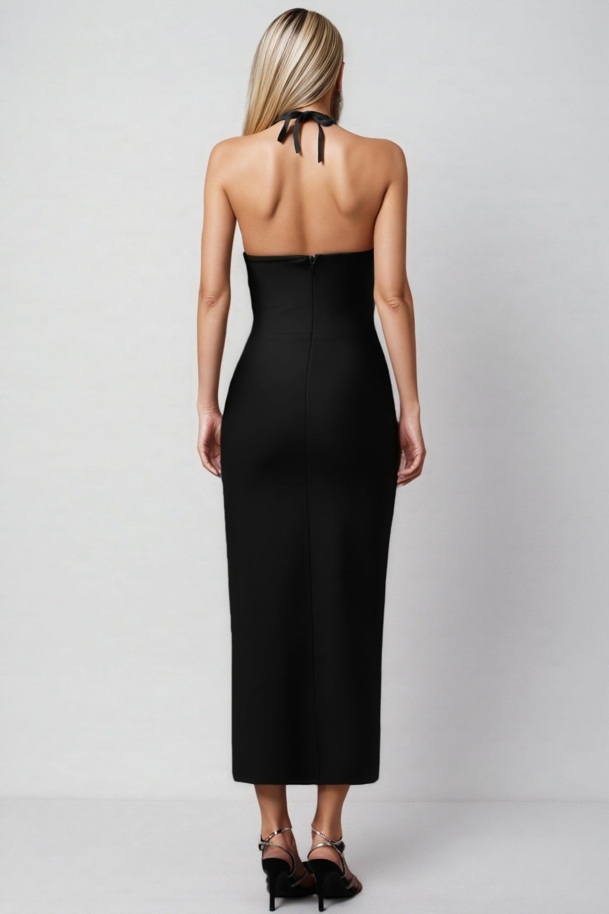 Rhinestone Floral Applique Halter Neck Mesh Panel Maxi Gown - View 5