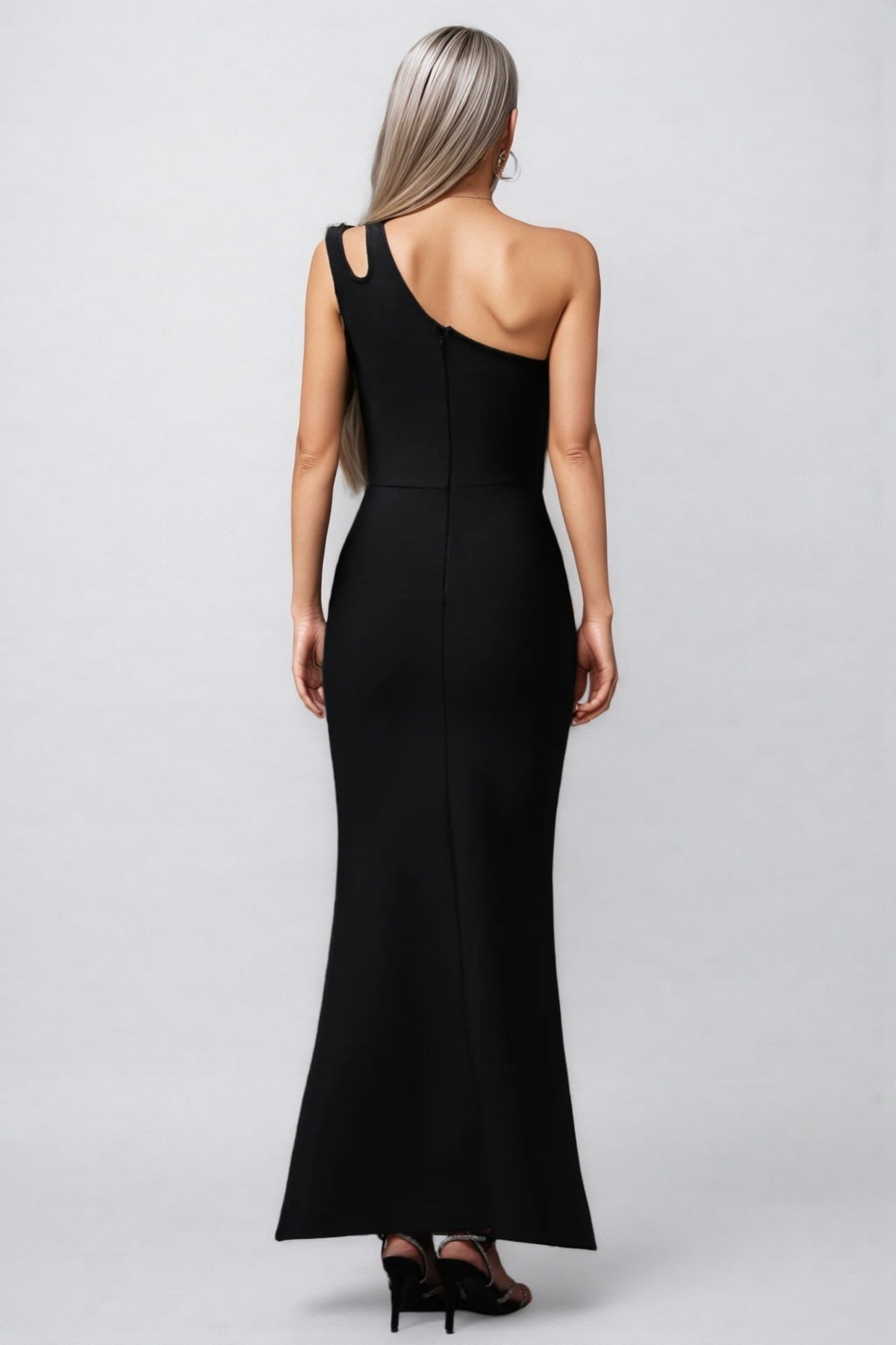 One Shoulder Cut Out Rhinestone Hip Embellished Mermaid Maxi Gown - View 5