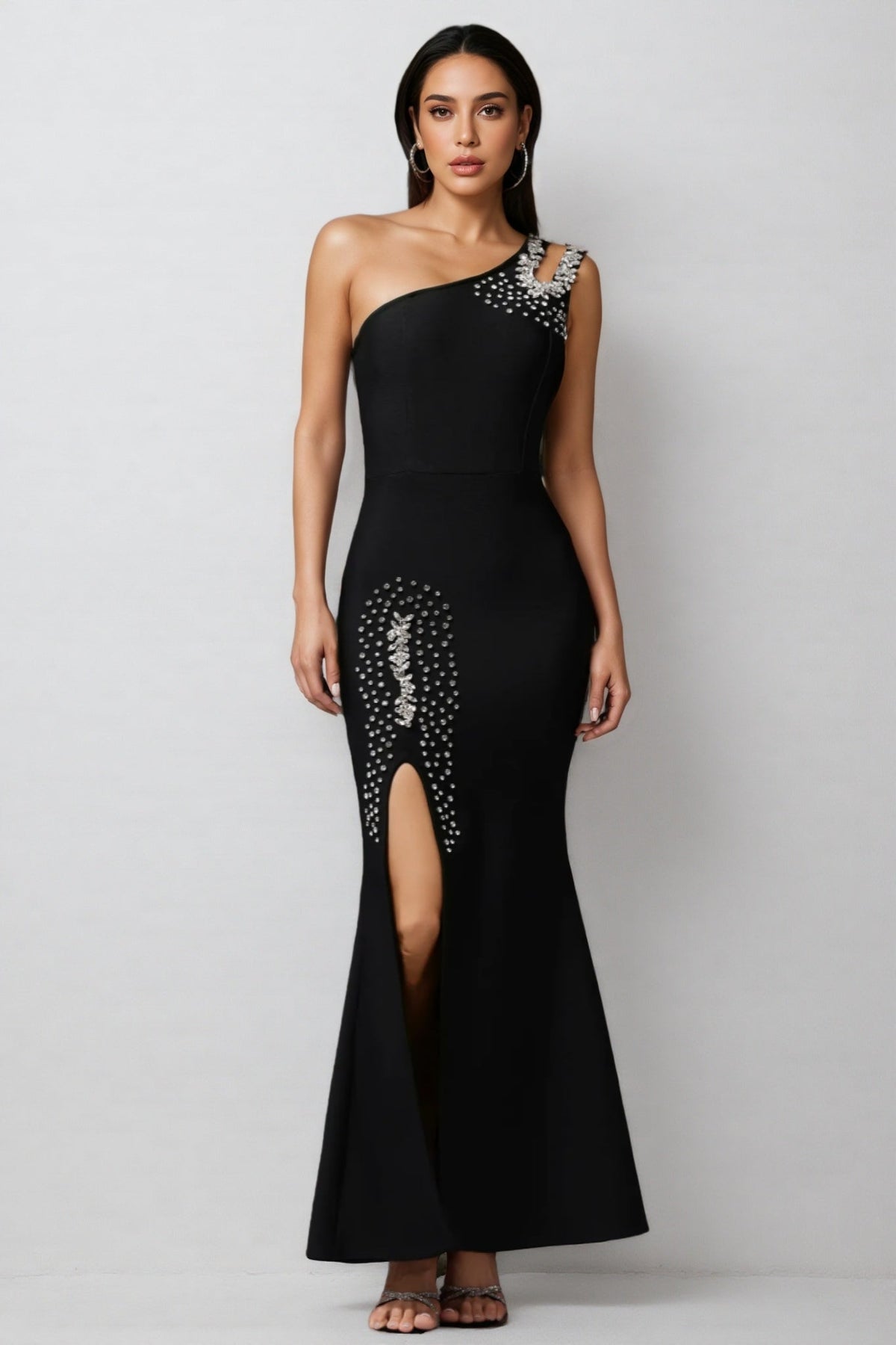 One Shoulder Cut Out Rhinestone Hip Embellished Mermaid Maxi Gown