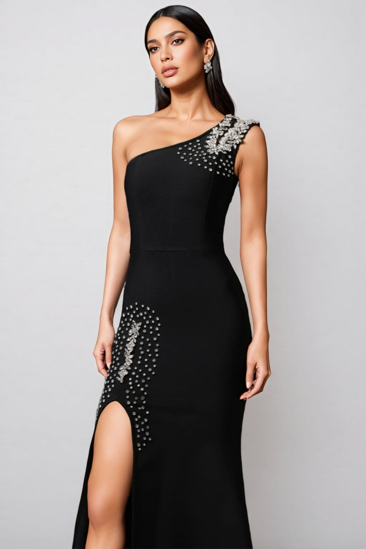 One Shoulder Cut Out Rhinestone Hip Embellished Mermaid Maxi Gown - View 2
