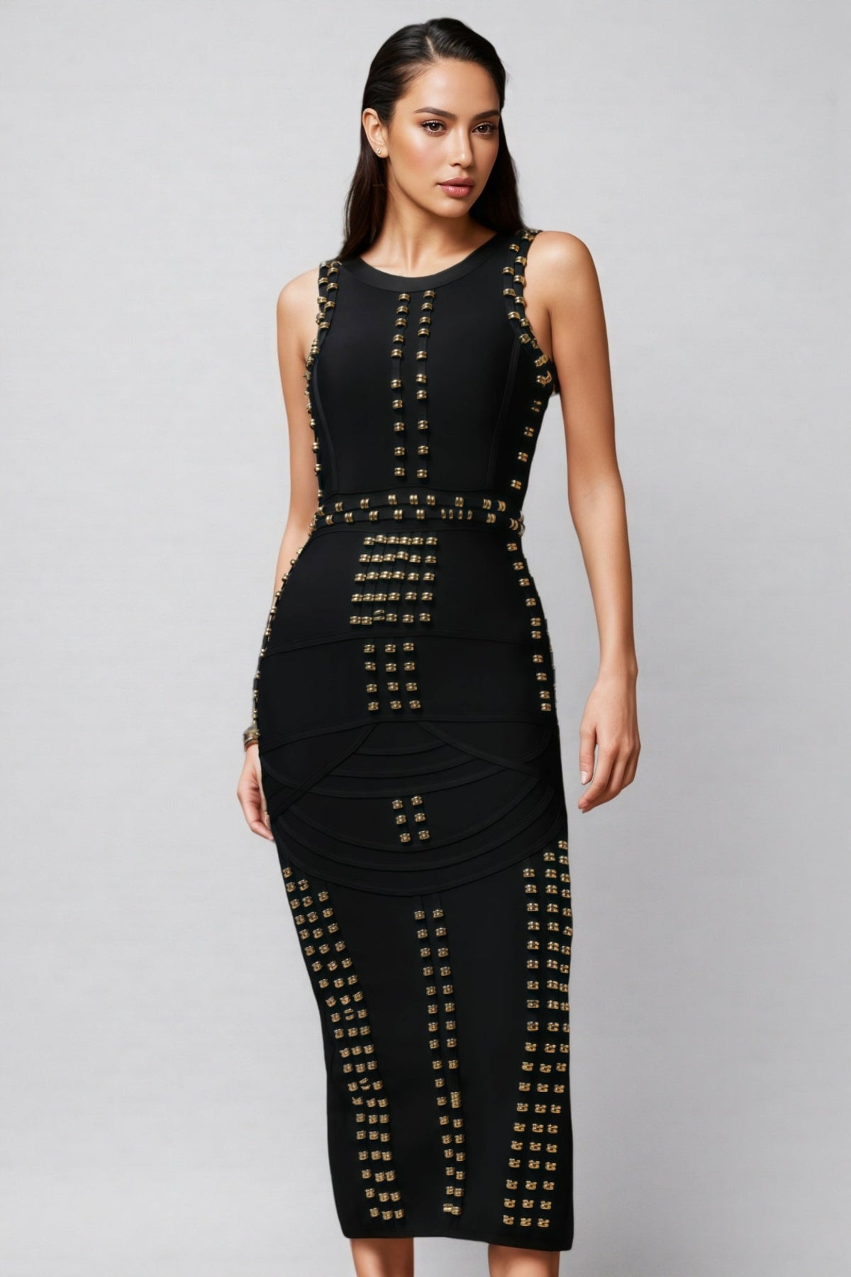 Metallic Stud Crew Neck Vertical Panel Waist Bodycon Midi Dress - View 4