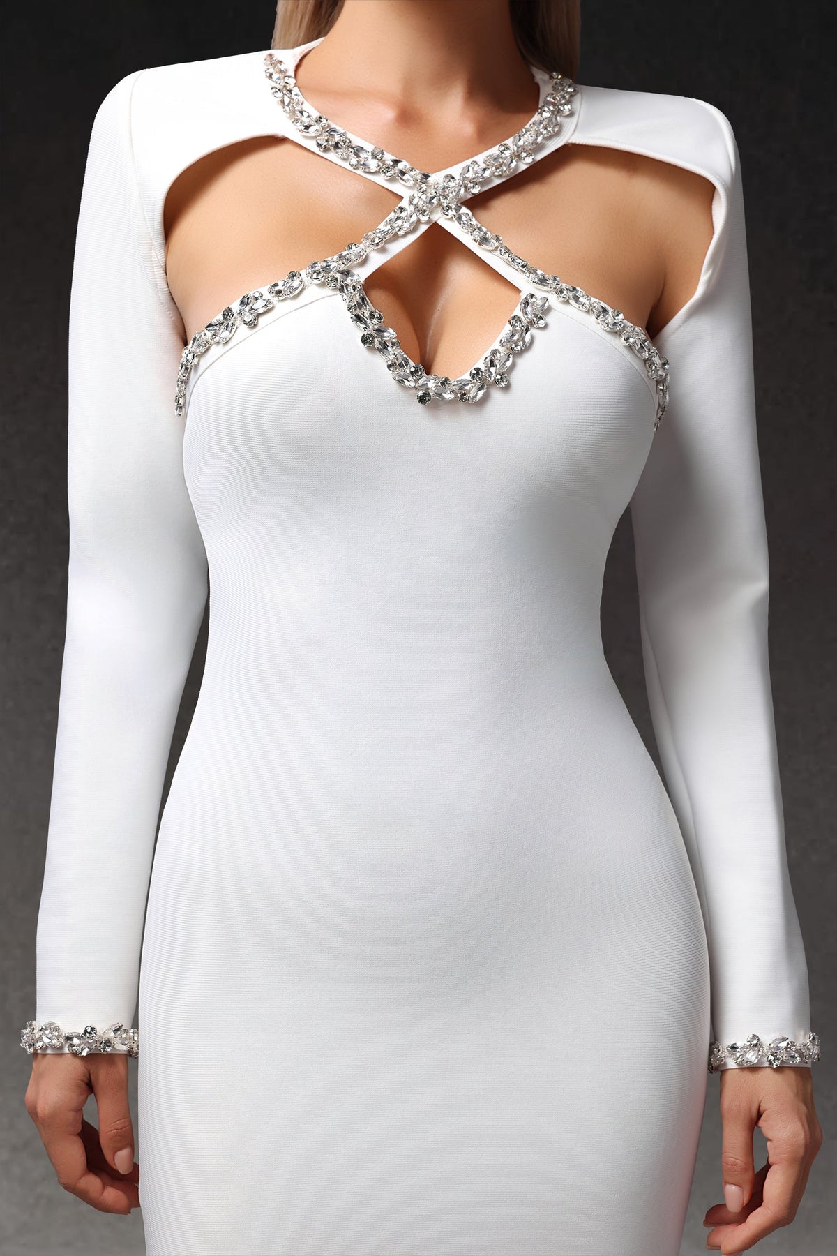 Mesh Hollow Out Diamond Long Sleeve Bodycon Mini Dress - View 9