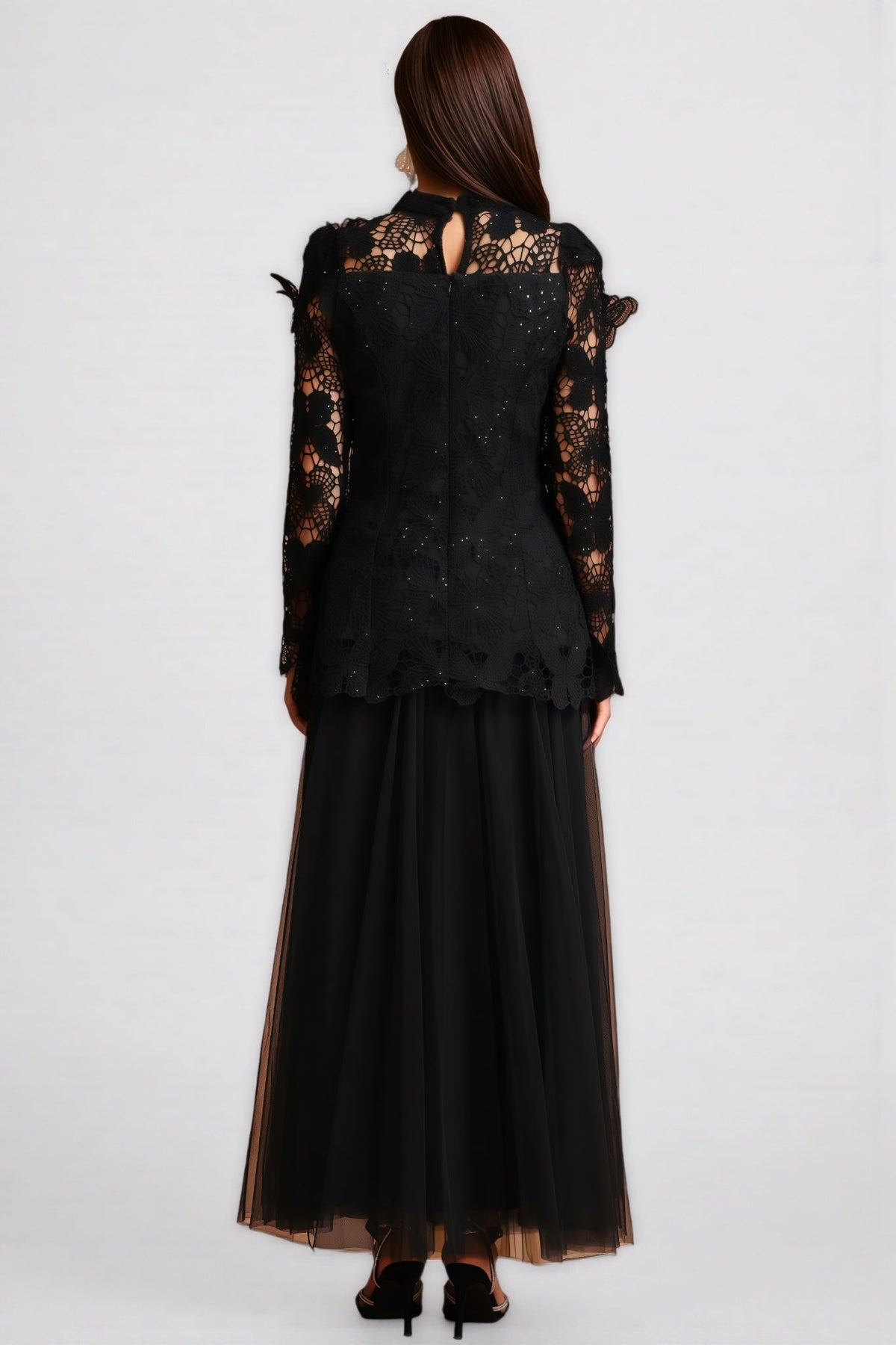 Gaki Long Sleeve Folds Lace Butterfly Maxi Dress Set - View 4