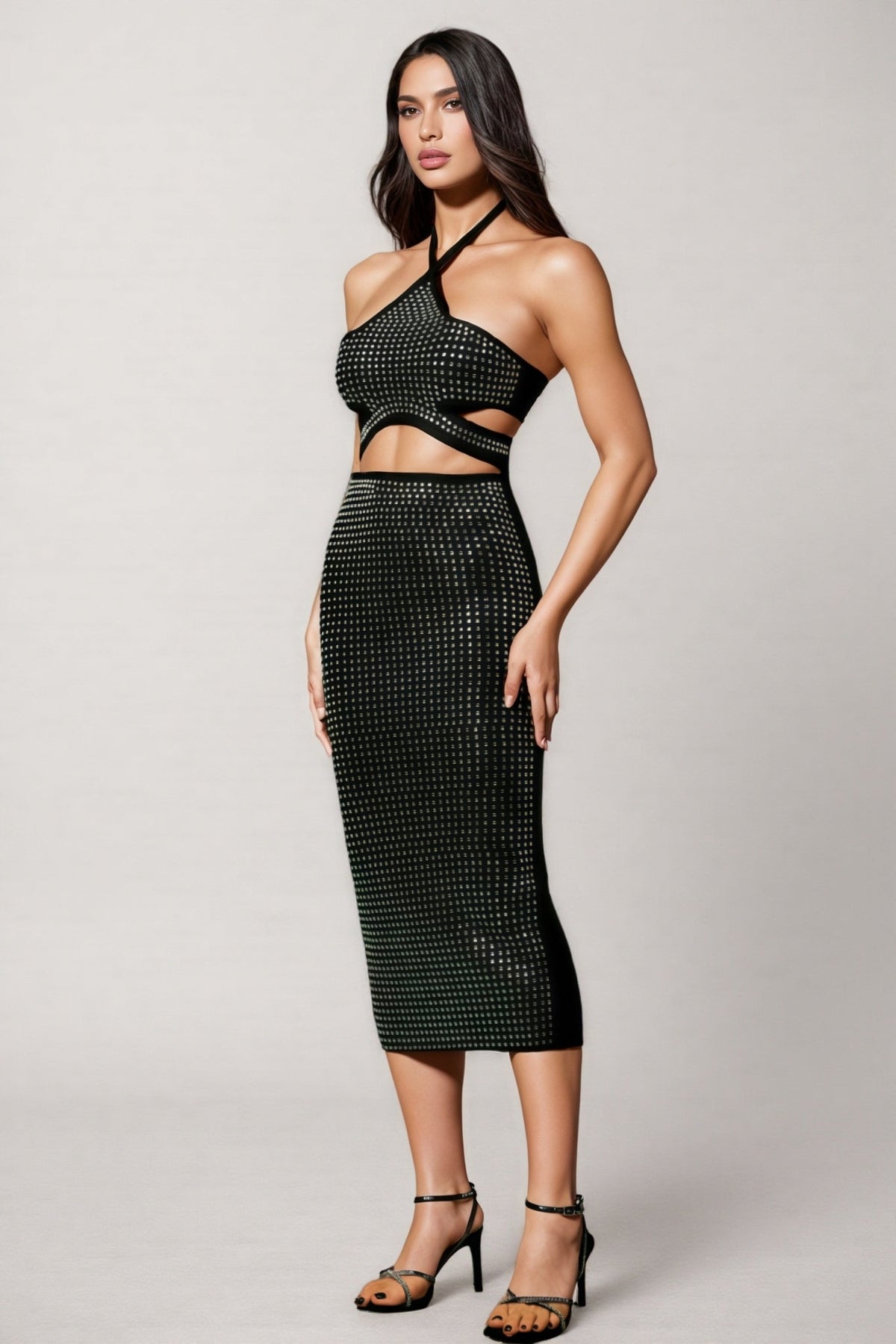 Studded Halter Cut Out Bodycon Bandage Midi Dress - View 2