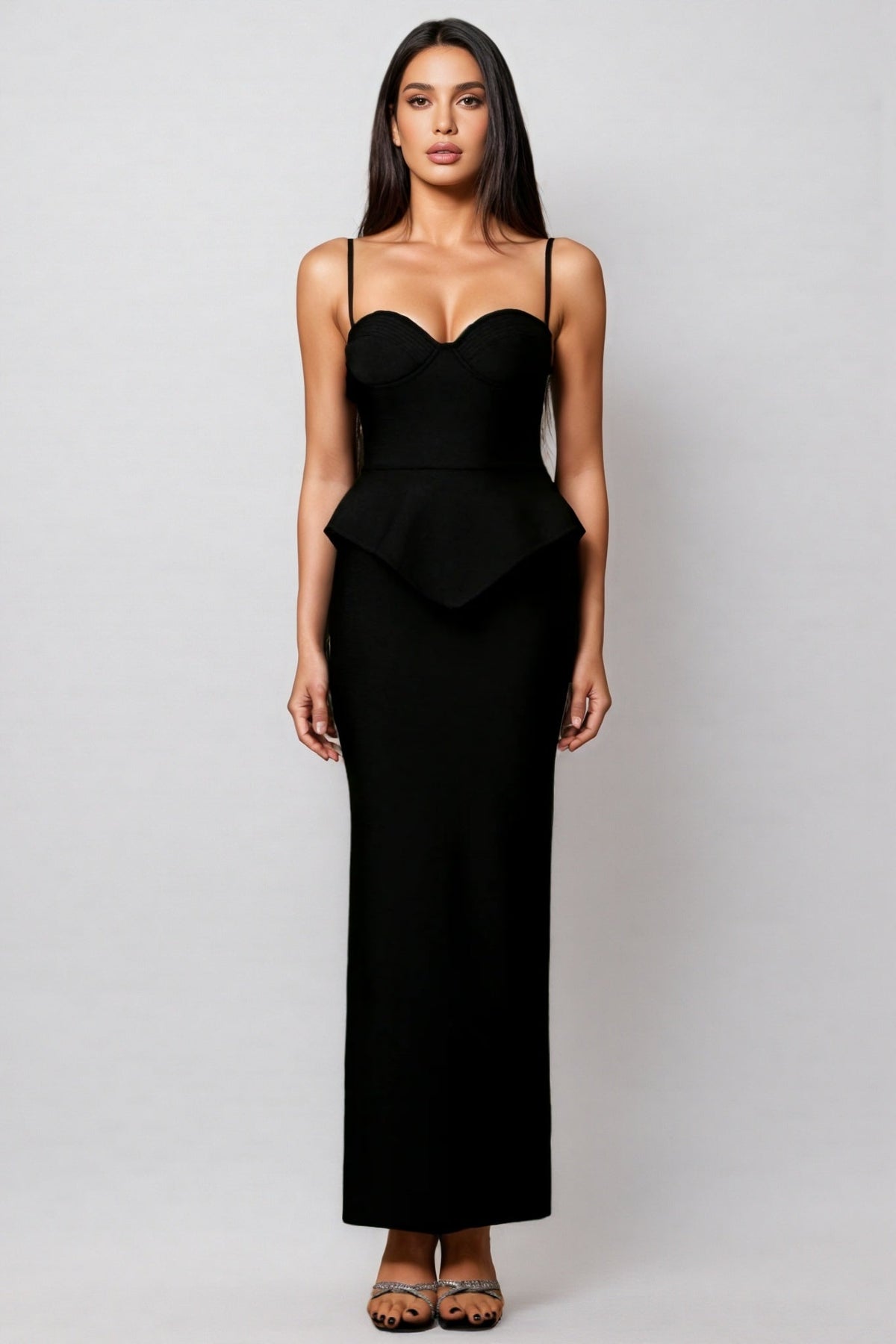 Bandage Spaghetti Strap Sweetheart Corset Peplum Maxi Dress