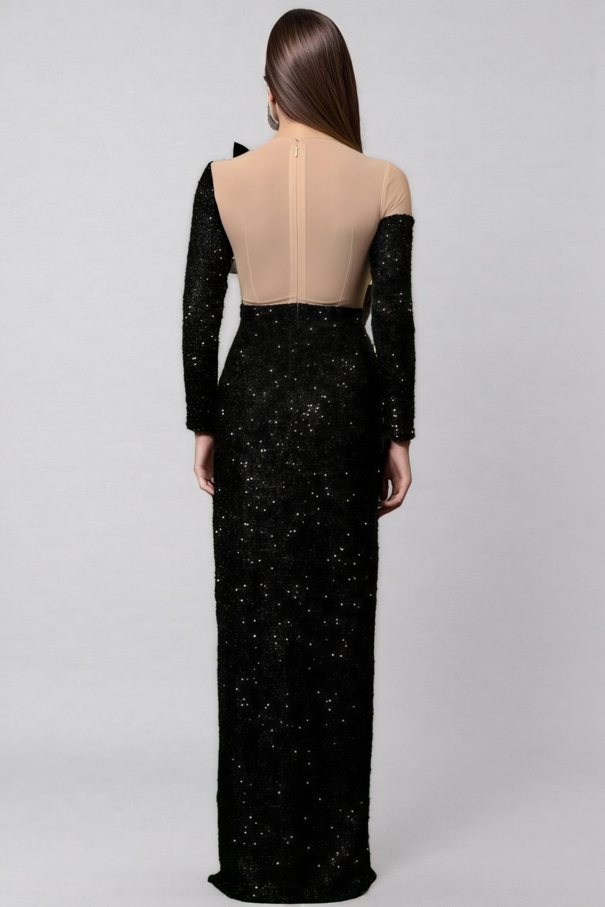 Sequin One Shoulder Long Sleeve Rosette Cut Out High Split Maxi Gown - View 5
