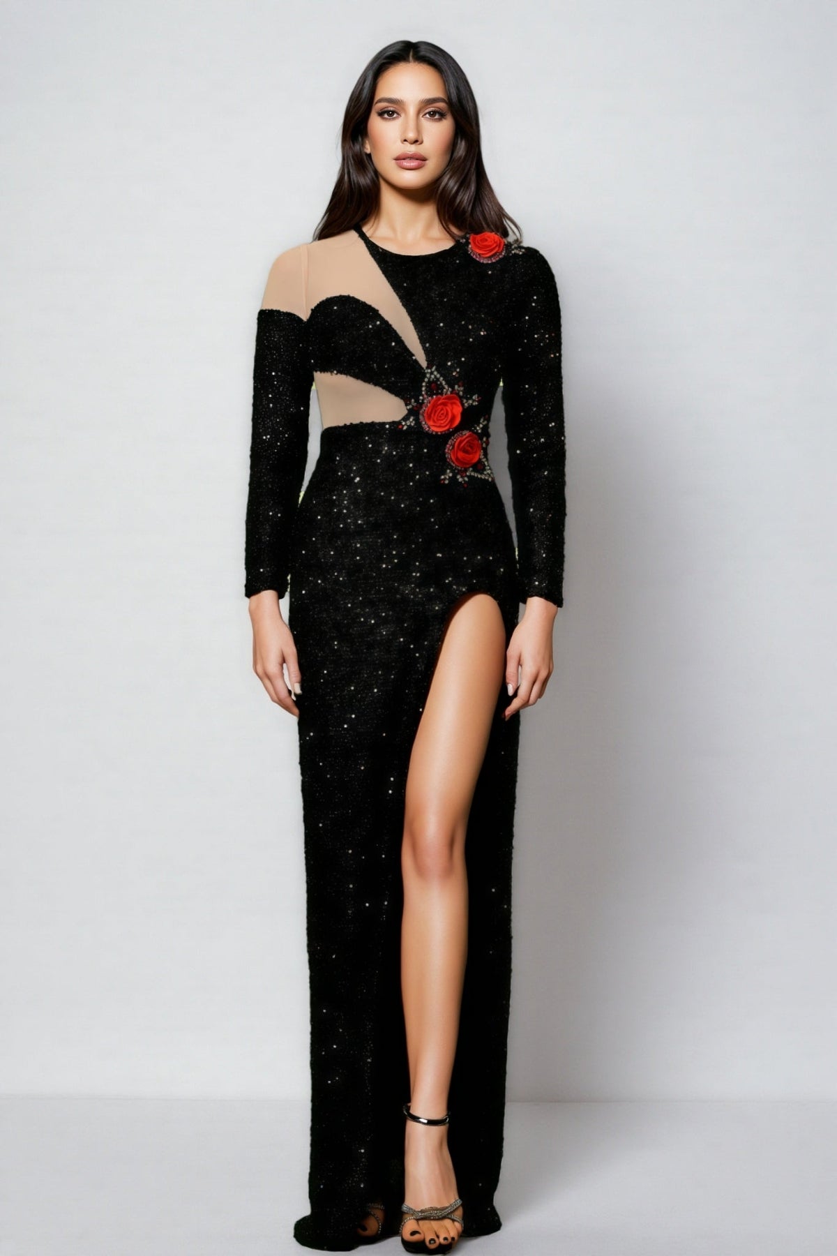 Sequin One Shoulder Long Sleeve Rosette Cut Out High Split Maxi Gown - View 2
