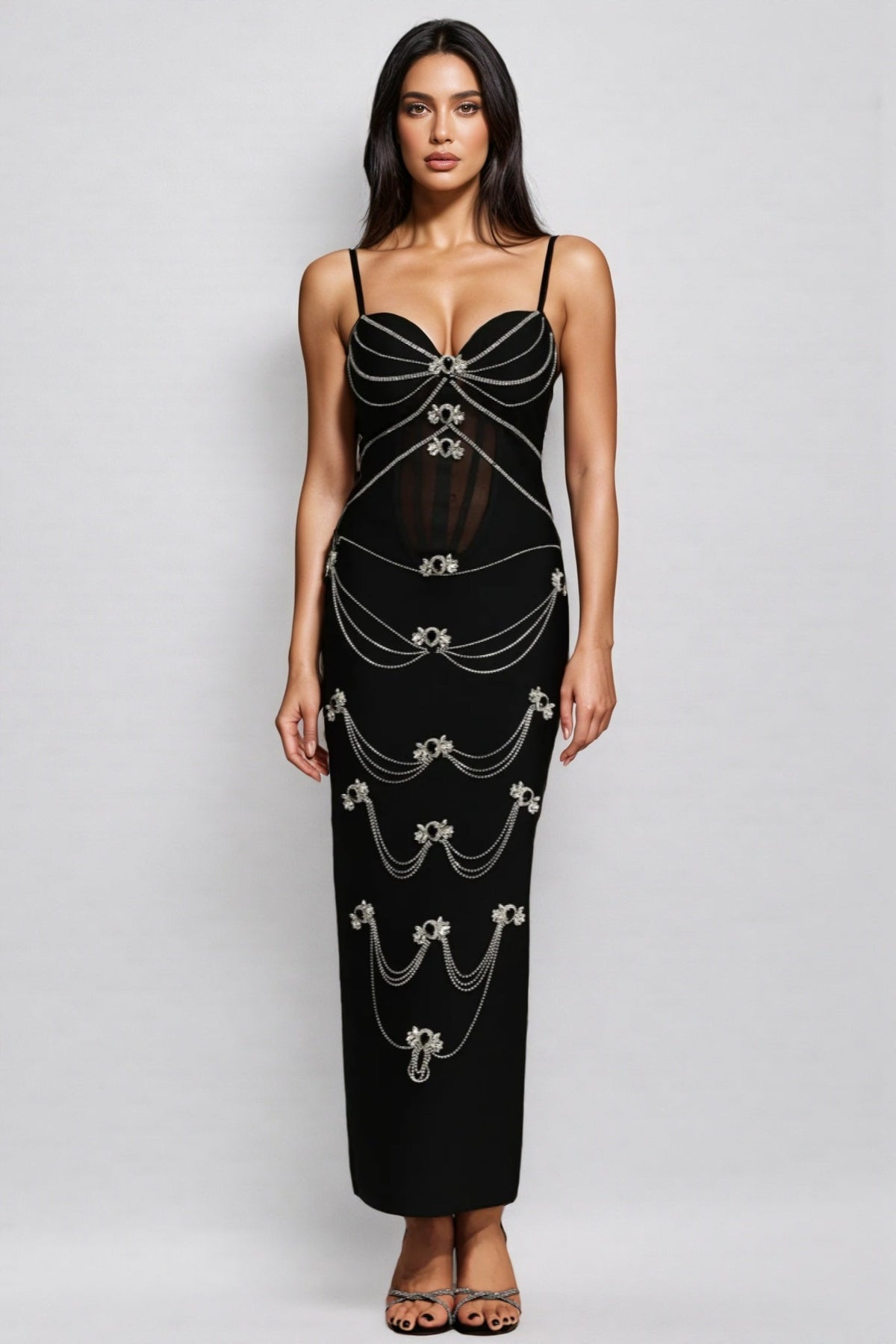 Bandage Sweetheart Chain Drape Rhinestone Brooch Mesh Maxi Dress
