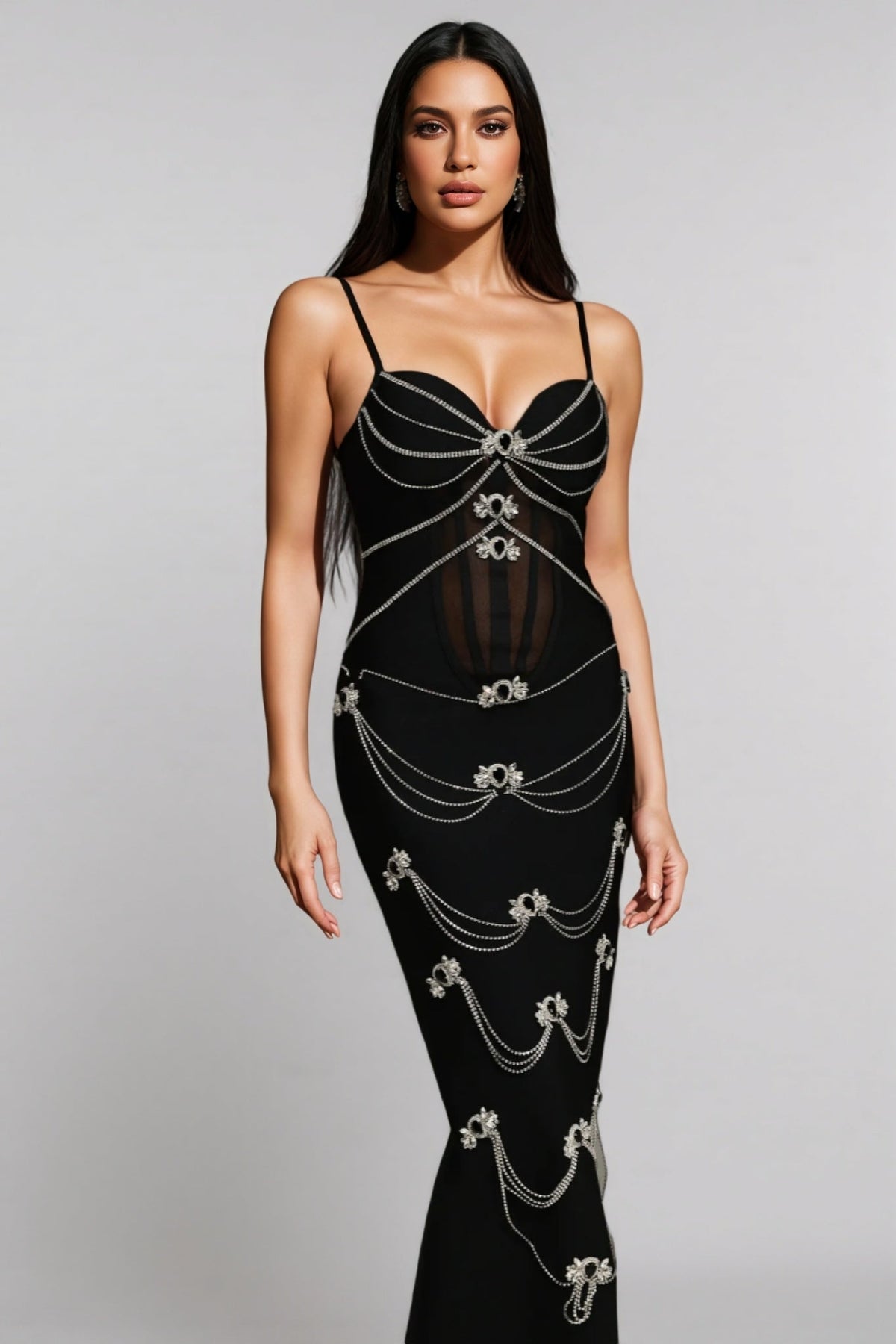 Bandage Sweetheart Chain Drape Rhinestone Brooch Mesh Maxi Dress - View 4