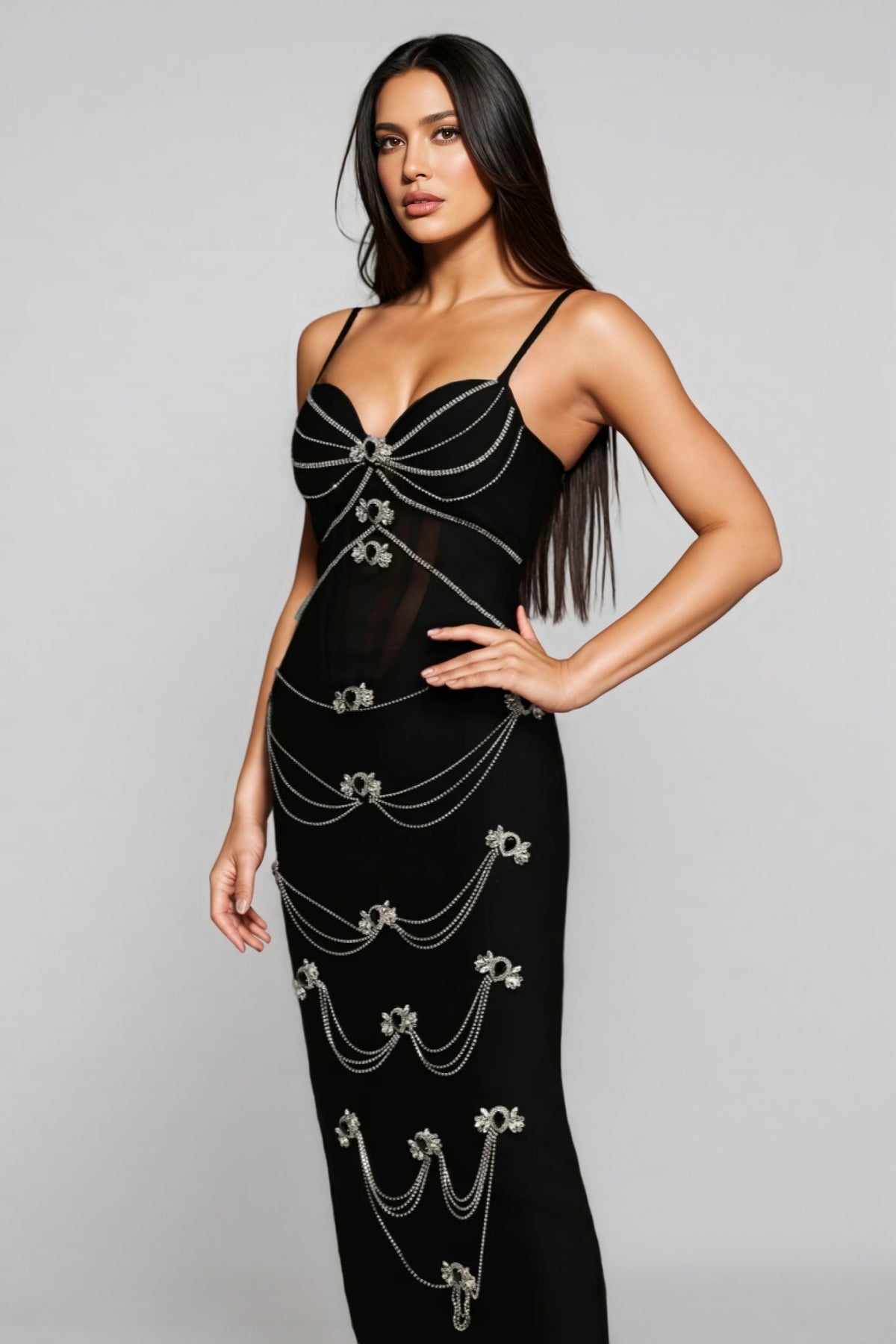 Bandage Sweetheart Chain Drape Rhinestone Brooch Mesh Maxi Dress - View 3