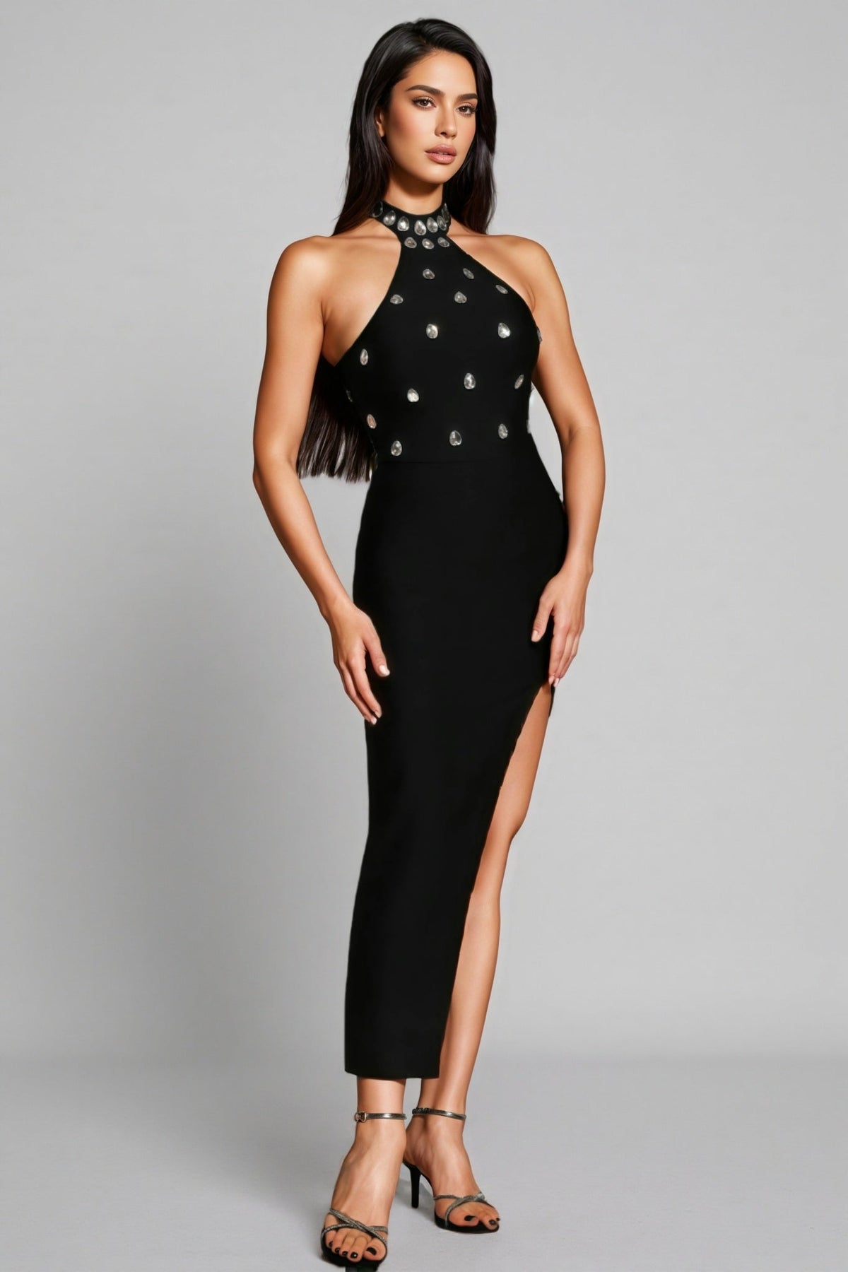 Bandage Rhinestone Halter Neck Sleeveless High Split Midi Dress - View 4