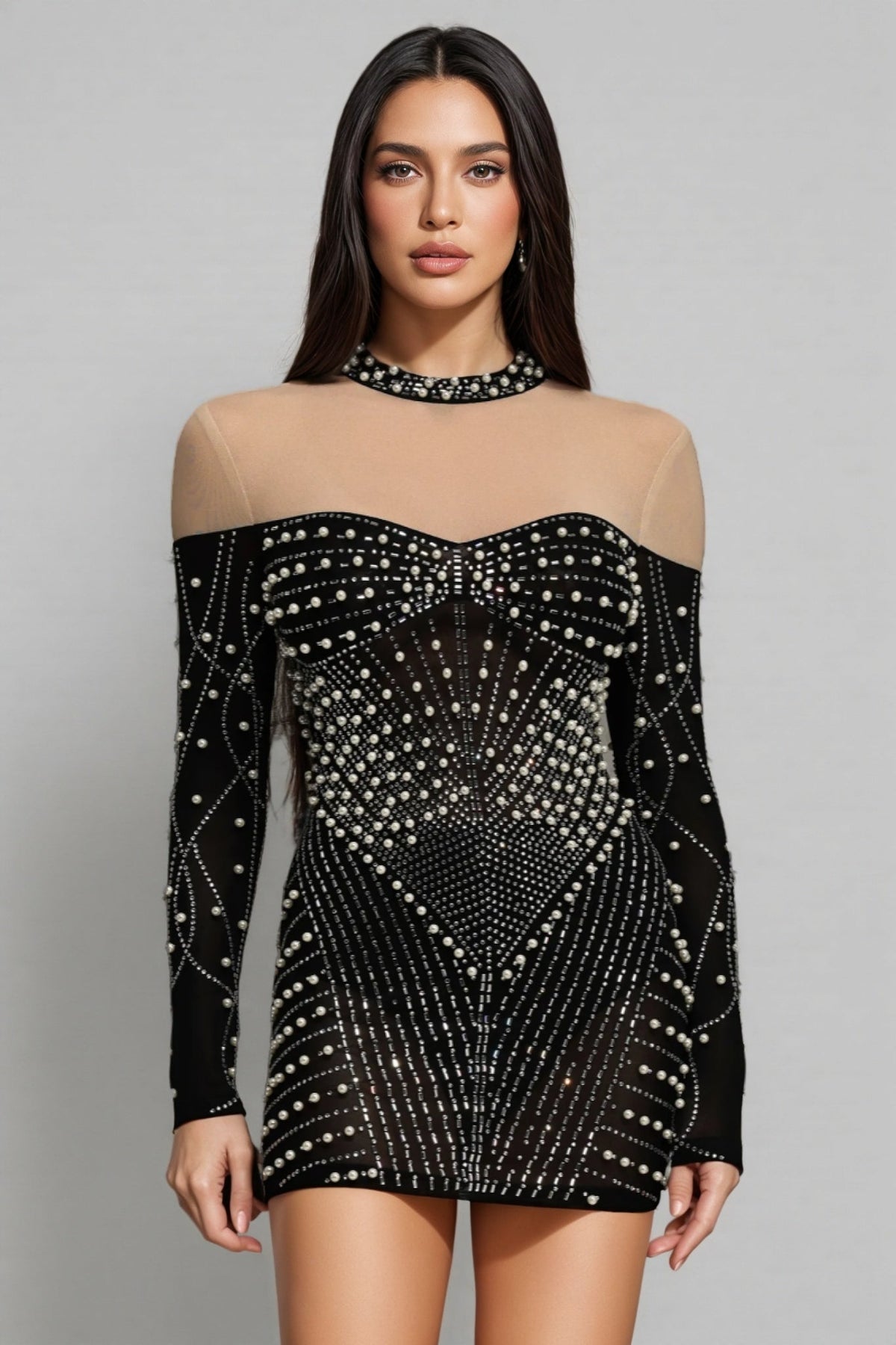 Pearl Rhinestone Illusion Mesh Mock Neck Bodycon Mini Dress - View 3