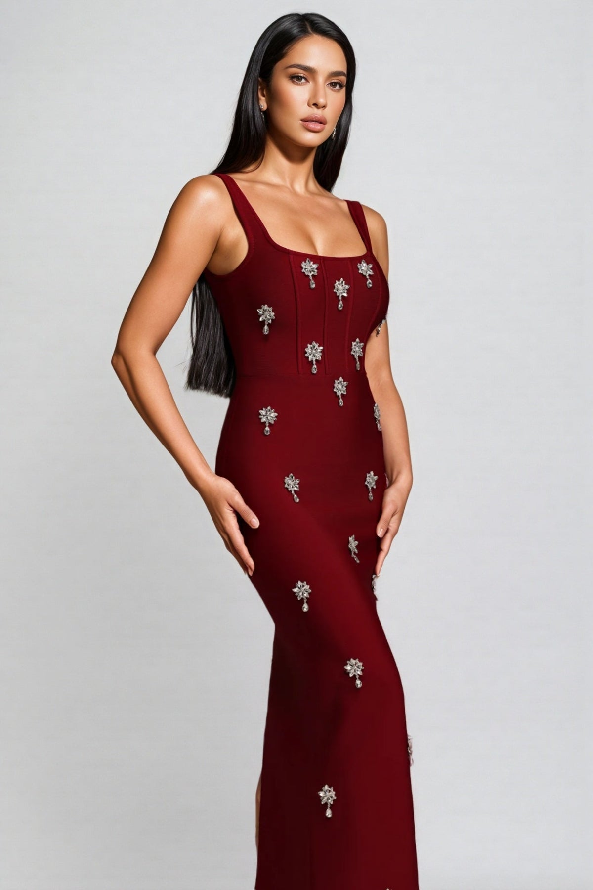 Crystal Starburst Embellished Square Neck Wide Bodycon Maxi Dress - View 3