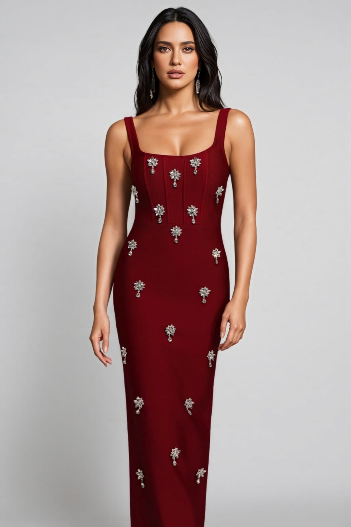 Crystal Starburst Embellished Square Neck Wide Bodycon Maxi Dress - View 4