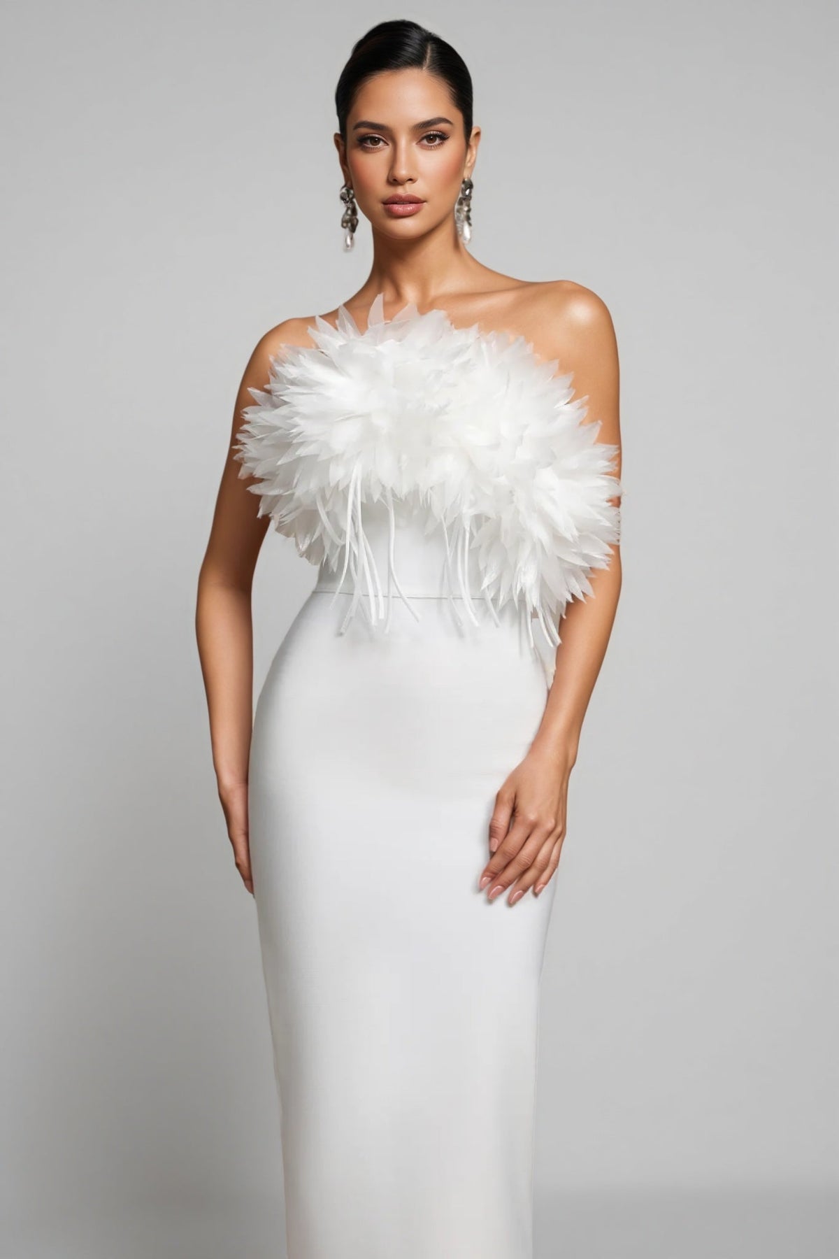 Feather Trim Strapless Column Bodycon Maxi Gown - View 3