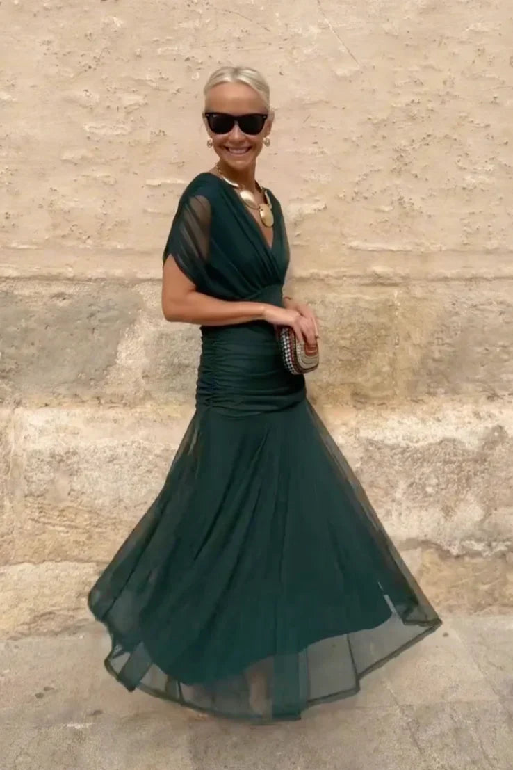 Chiffon Deep V-Neck Short Sleeve Ruched Waist Maxi Dress 3