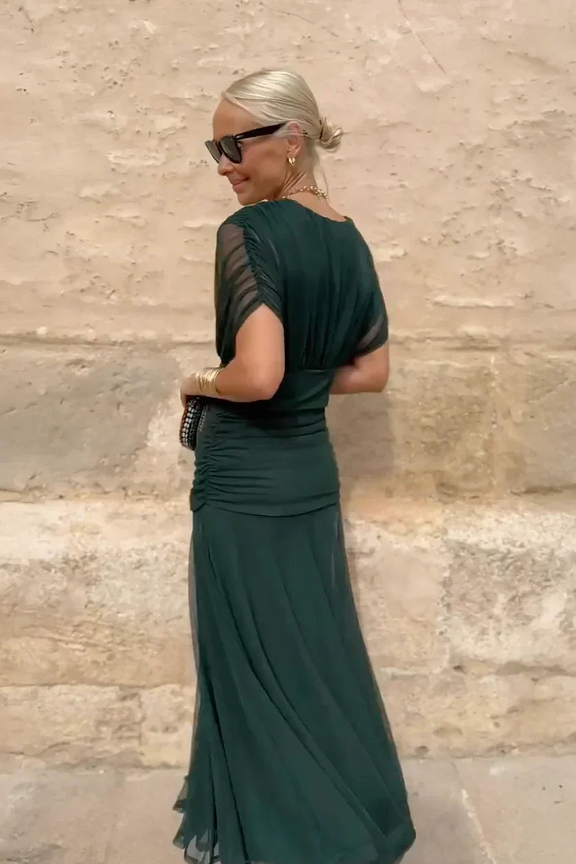 Chiffon Deep V-Neck Short Sleeve Ruched Waist Maxi Dress 2