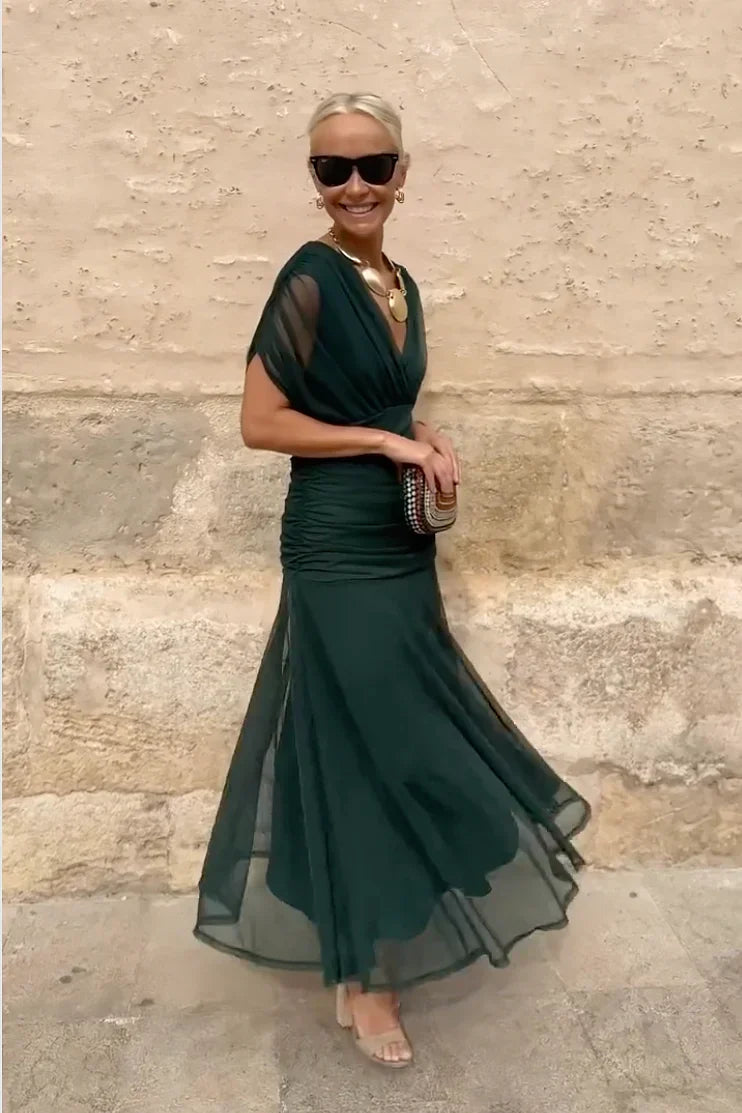 Chiffon Deep V-Neck Short Sleeve Ruched Waist Maxi Dress 4