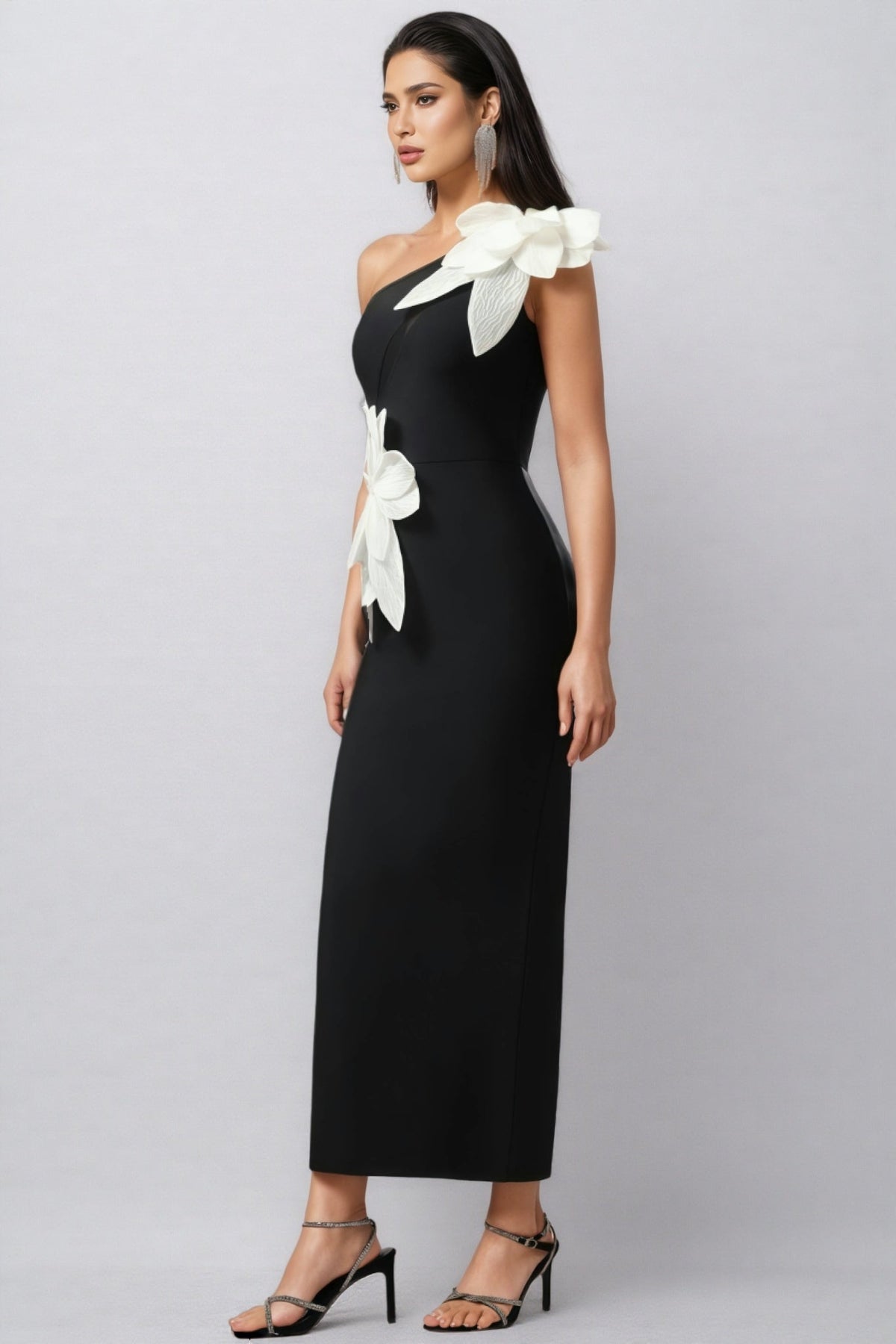 One Shoulder 3D Floral Appliqué Bodycon Ankle Length Maxi Dress - View 2