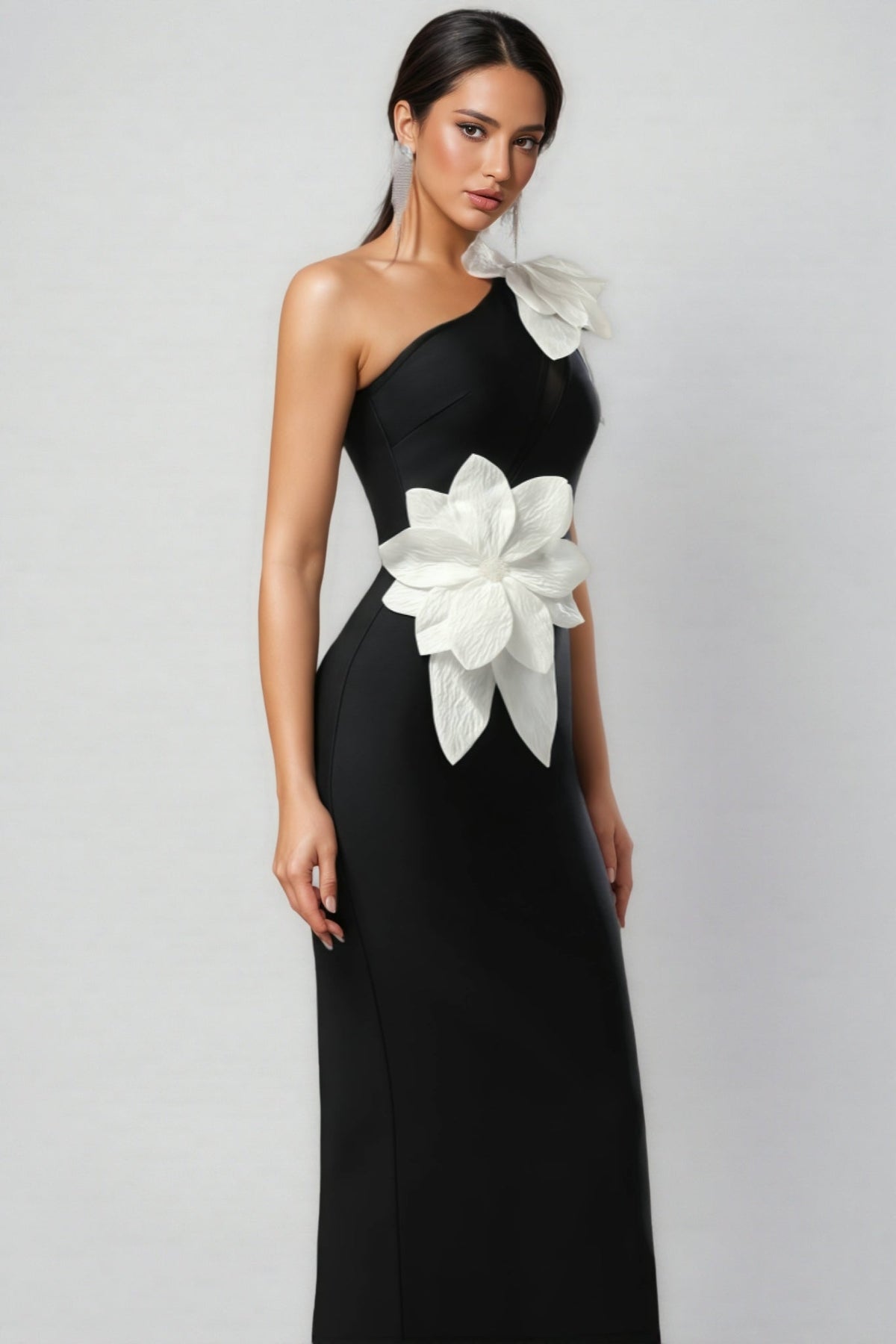 One Shoulder 3D Floral Appliqué Bodycon Ankle Length Maxi Dress - View 4