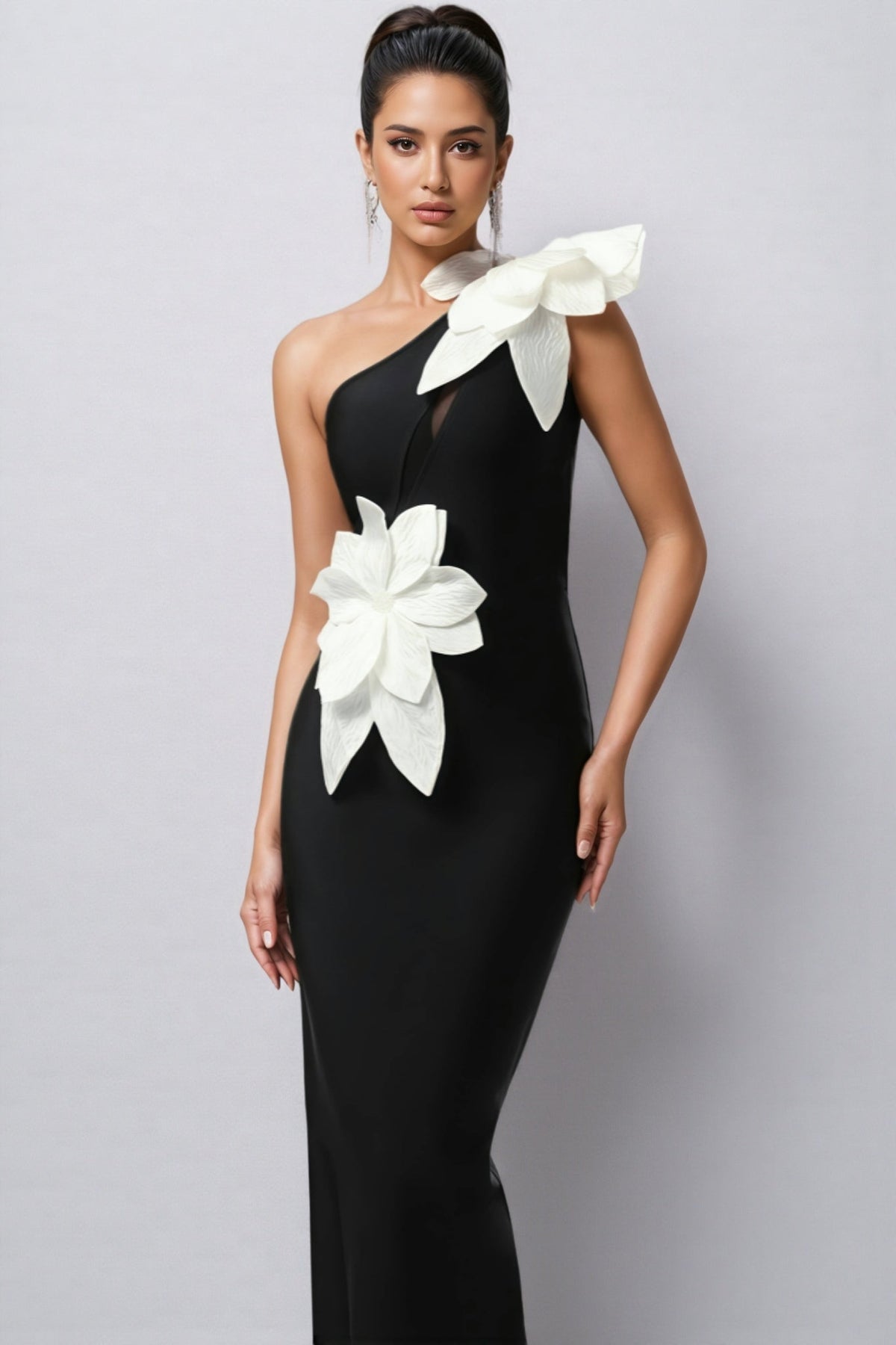 One Shoulder 3D Floral Appliqué Bodycon Ankle Length Maxi Dress - View 3