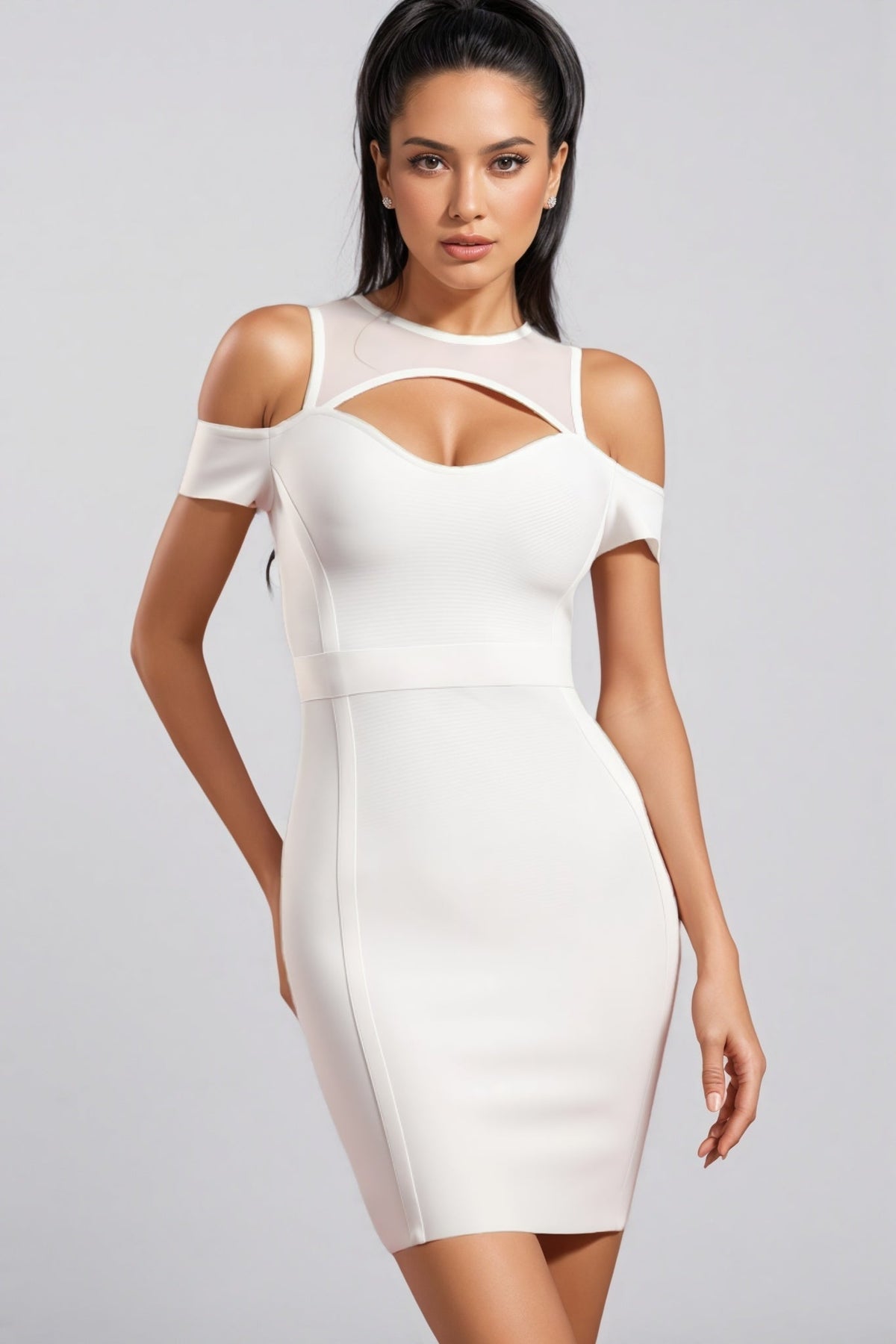 Mesh High Neck Cut Out Cold Shoulder Bandage Bodycon Mini Dress - View 4