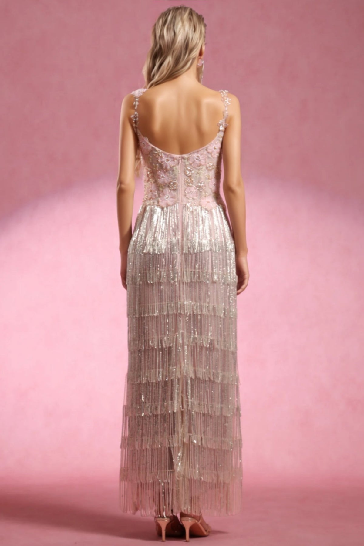 Square Neck 3D Floral Beaded Tiered Metallic Fringe Maxi Gown - View 3