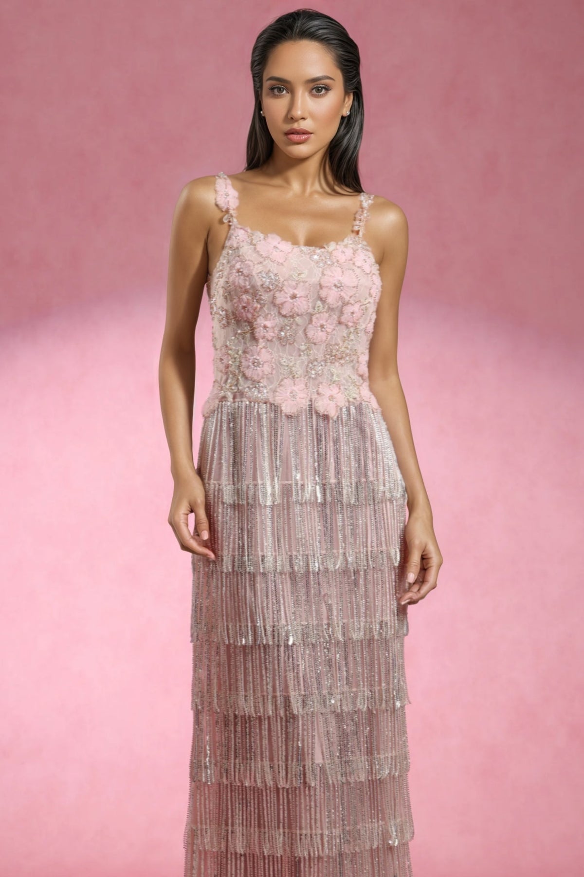 Square Neck 3D Floral Beaded Tiered Metallic Fringe Maxi Gown - View 4