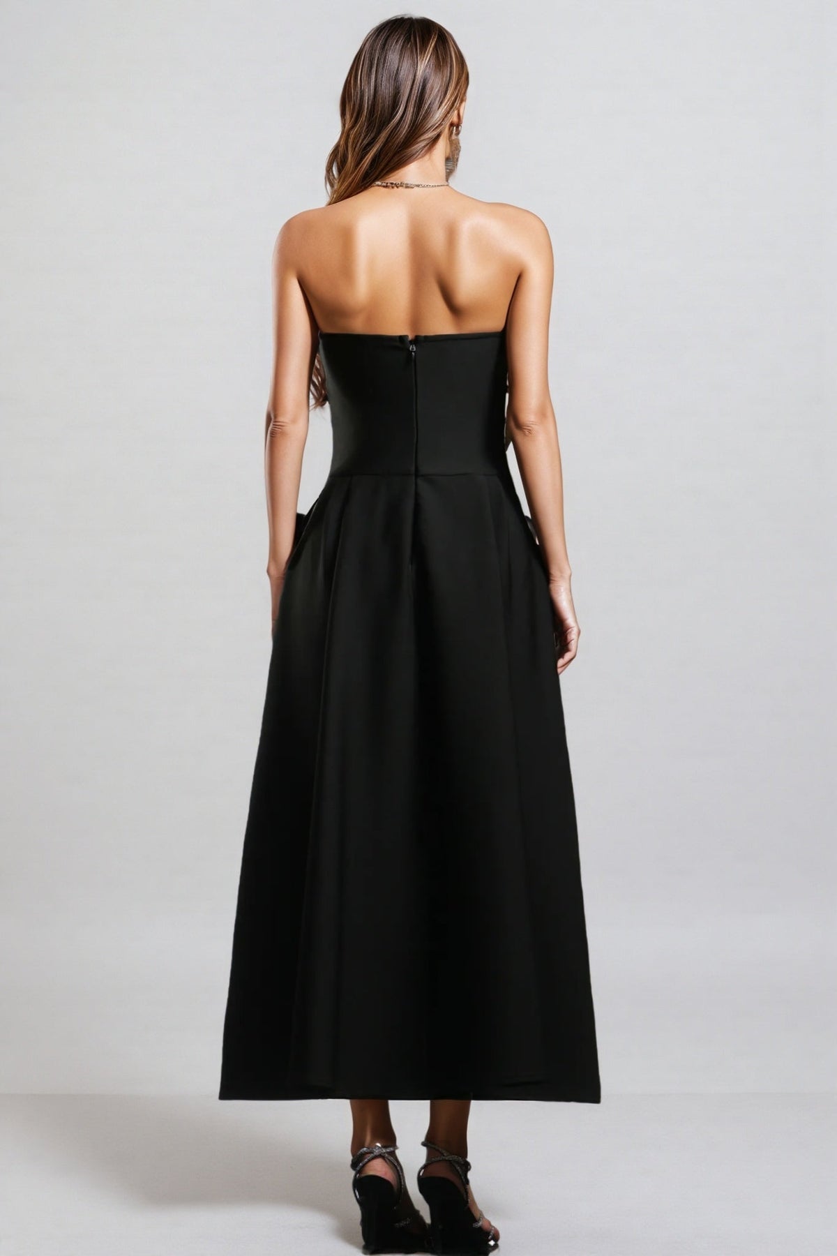 Strapless Rhinestone Lattice Basque Waist Pleated A-Line Maxi Gown - View 5