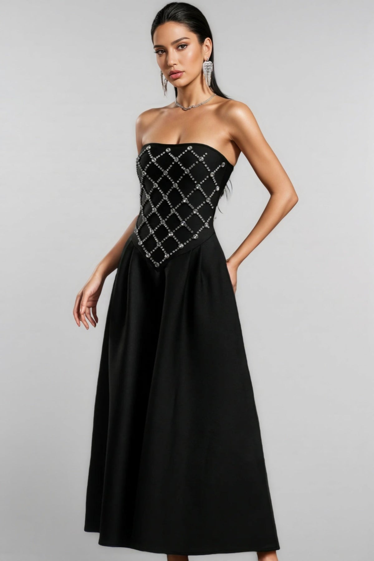 Strapless Rhinestone Lattice Basque Waist Pleated A-Line Maxi Gown - View 4