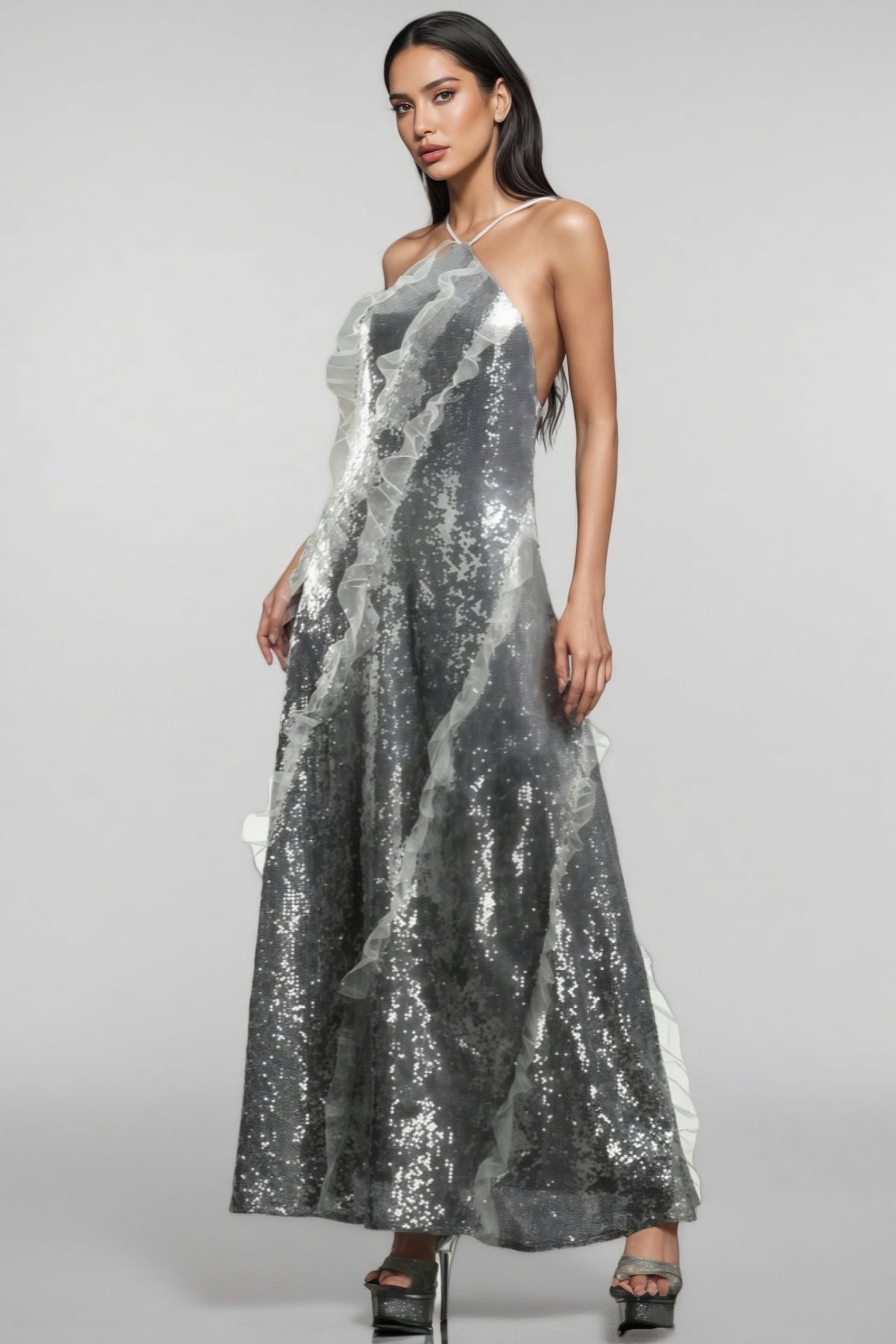 Sequin Halter Neck Organza Ruffle A-Line Maxi Dress - View 2