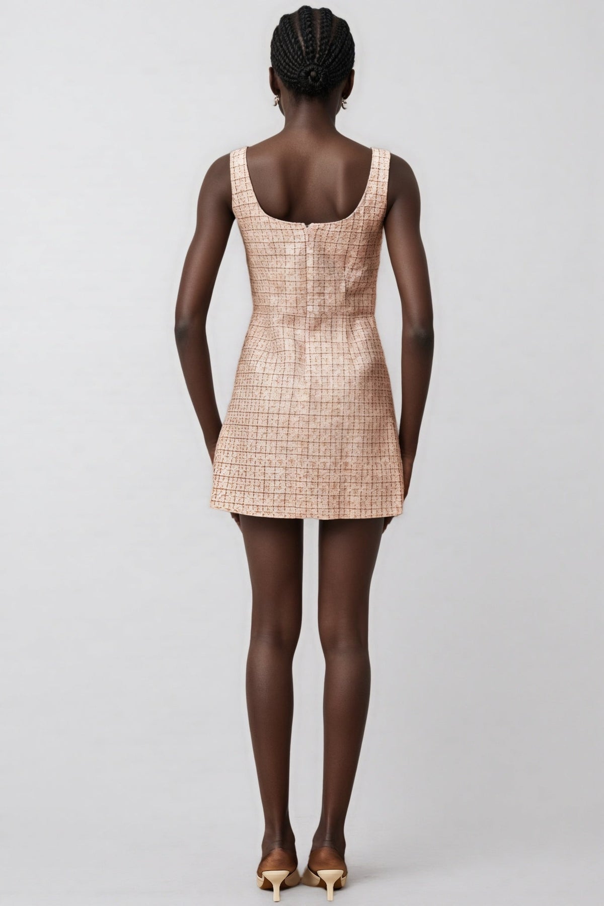 Tweed Grid Check Scoop Neck Sleeveless Wrap Front Mini Dress - View 6