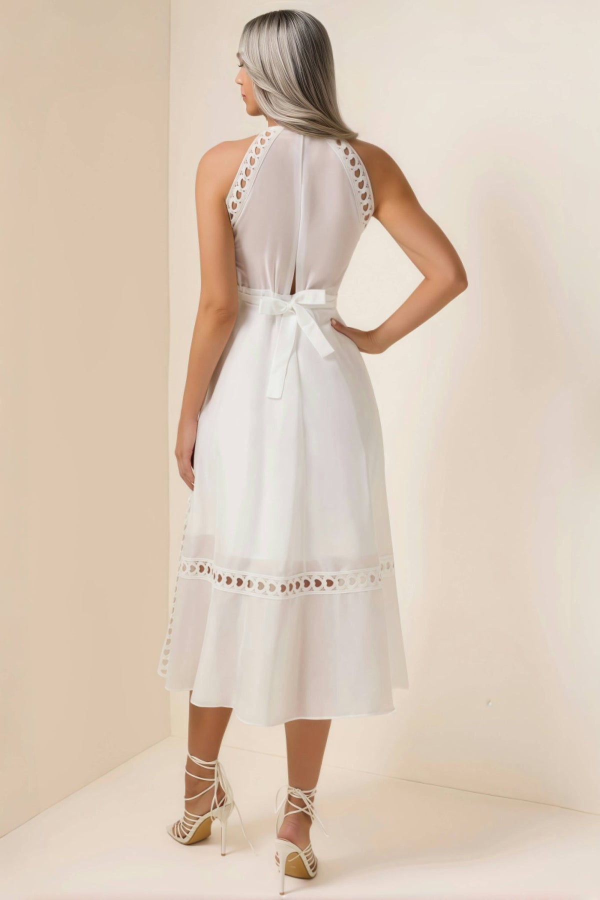 Heart Eyelet Halter Neck A-Line Midi Dress - View 6