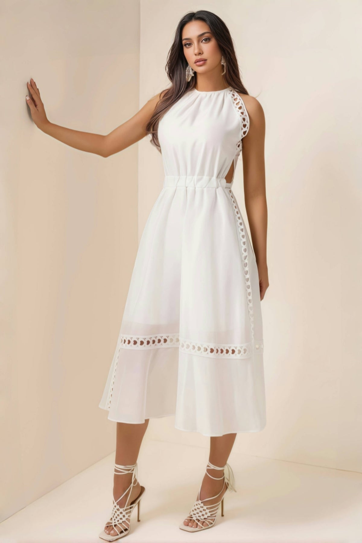 Heart Eyelet Halter Neck A-Line Midi Dress - View 3