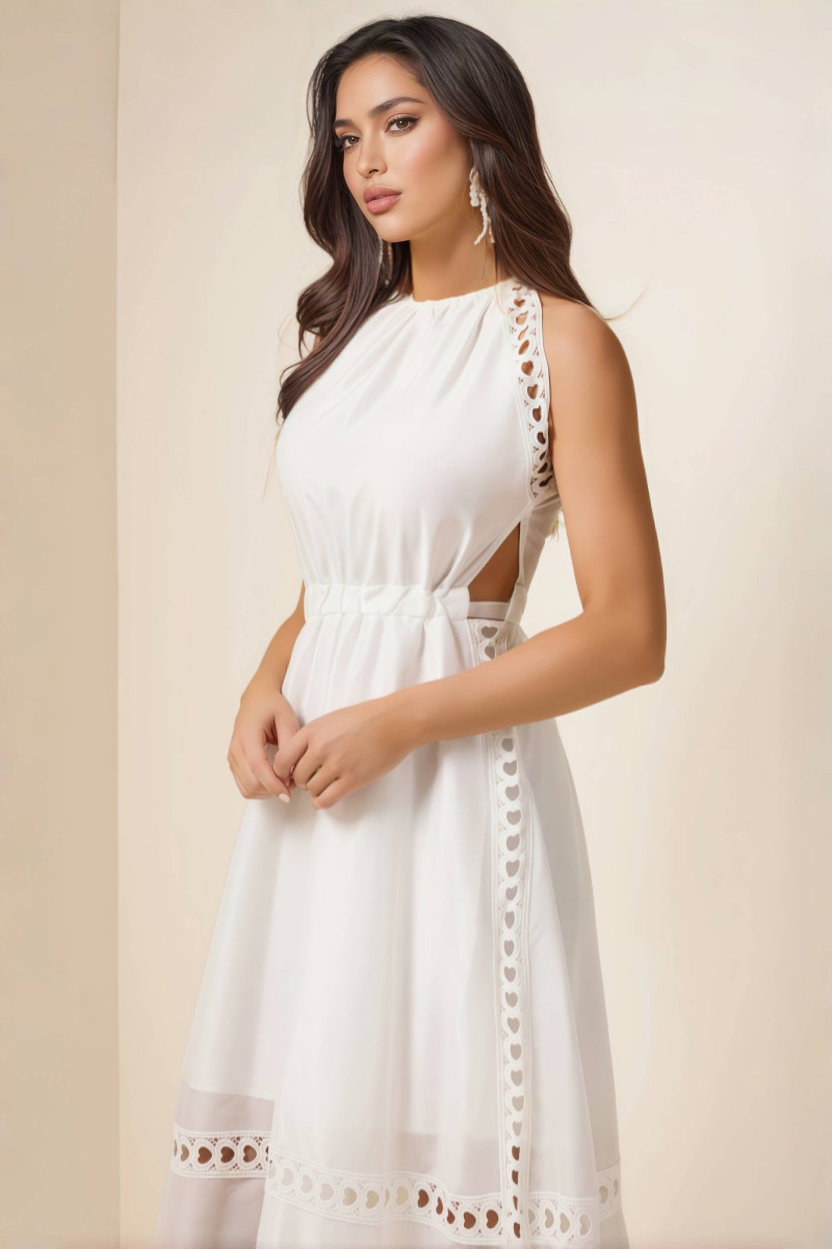 Heart Eyelet Halter Neck A-Line Midi Dress - View 5