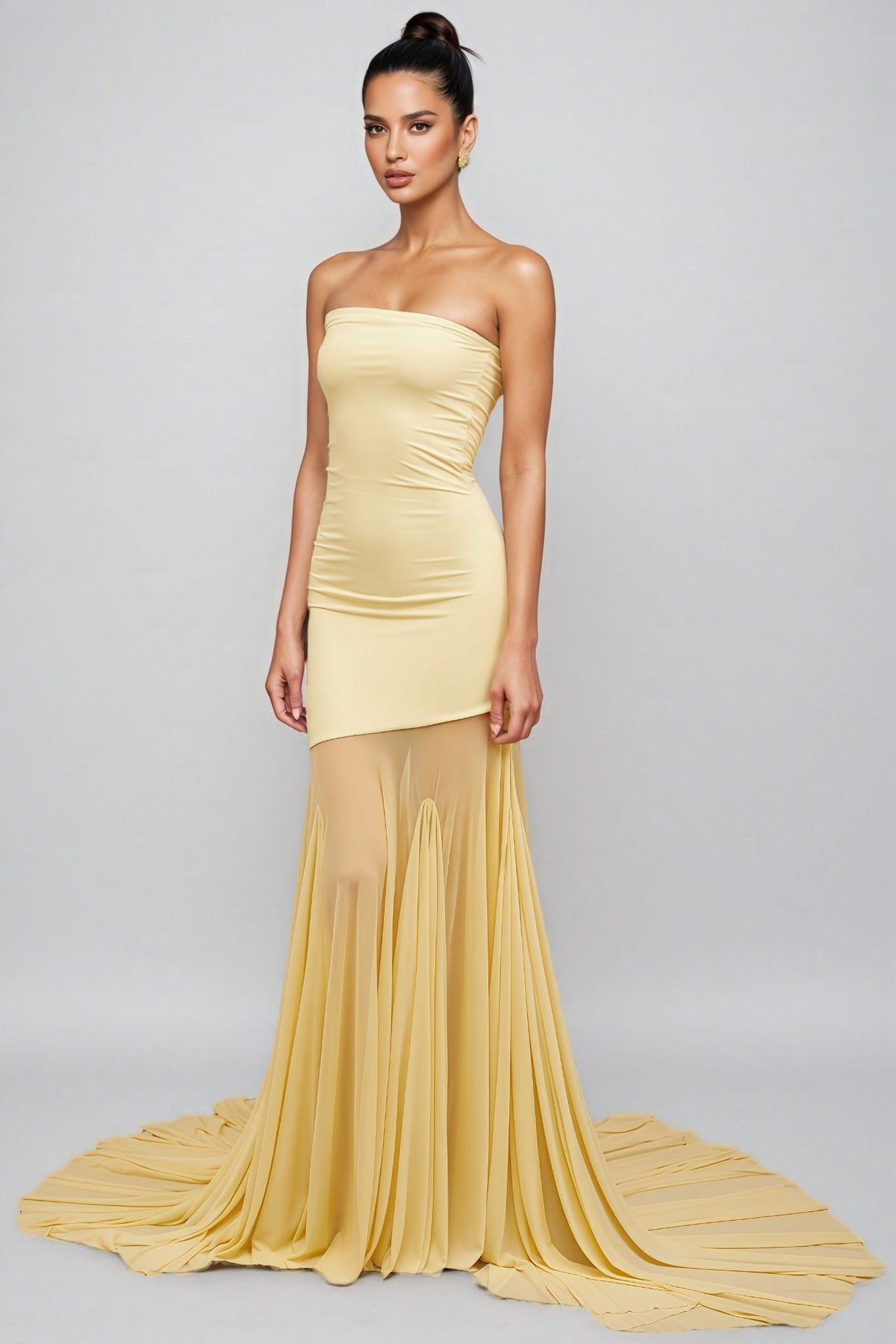 Elwyt Yellow Off Shoulder Sheer Tulle Maxi Dress - View 5