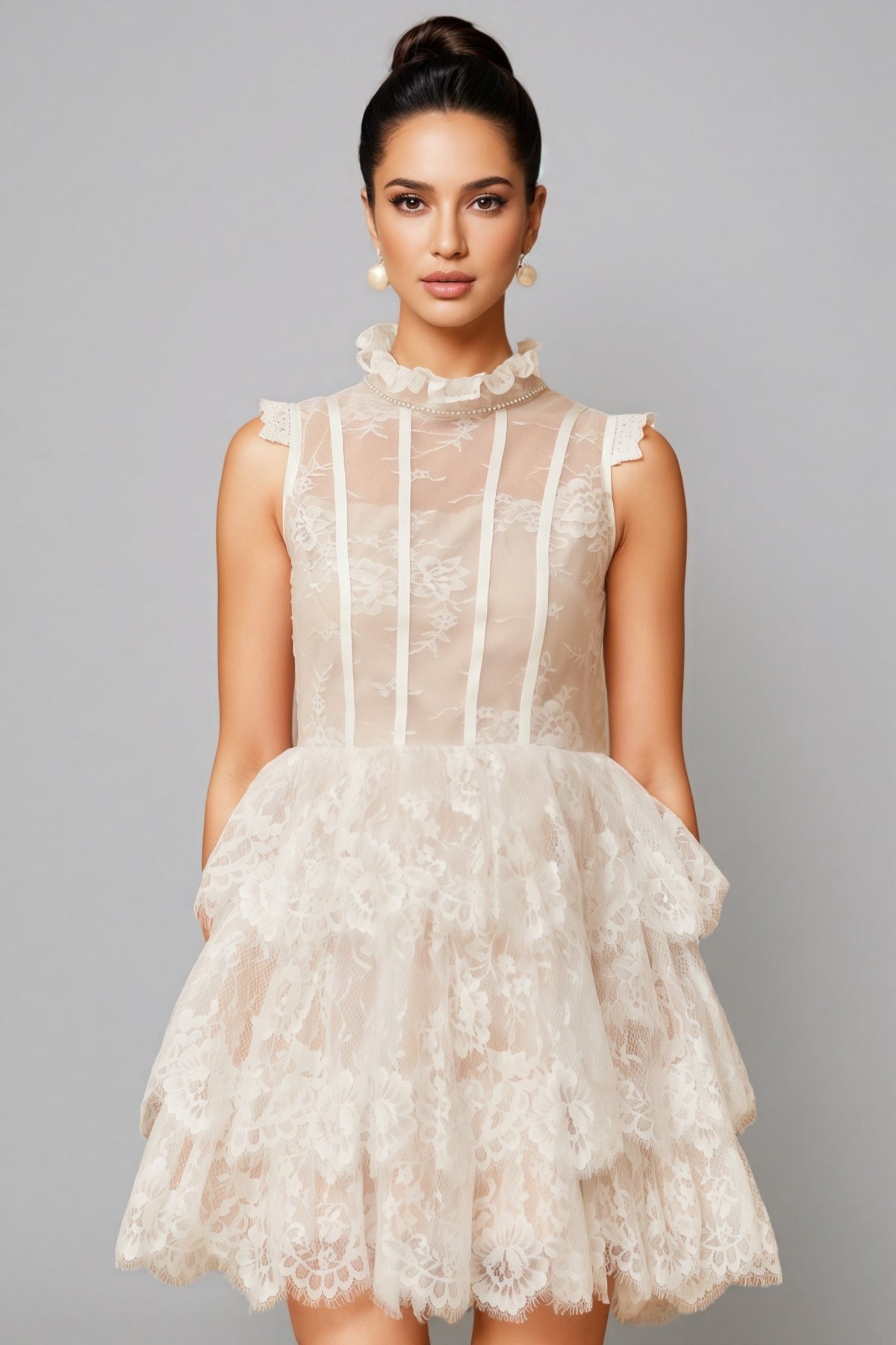 Lace High Neck Tiered Ruffle Mini Dress - View 5