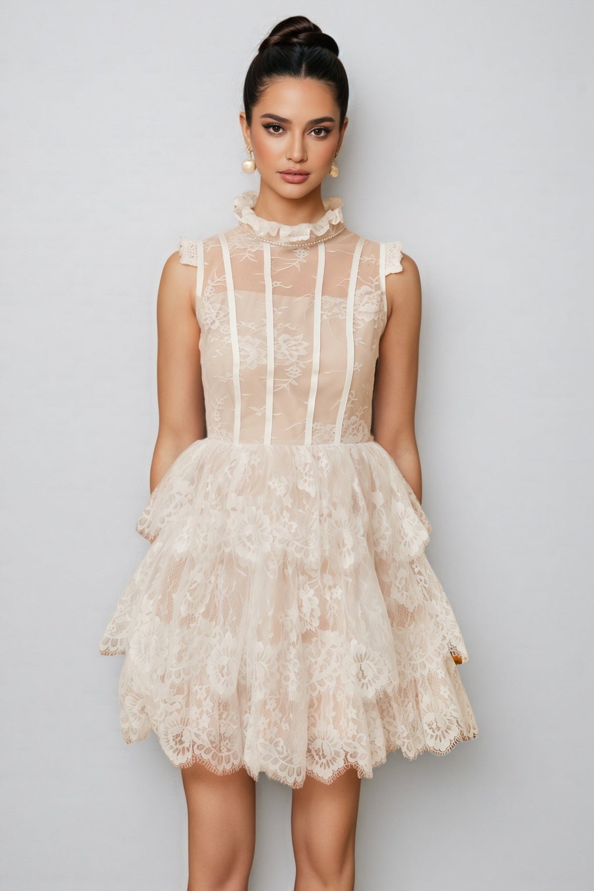 Lace High Neck Tiered Ruffle Mini Dress - View 4