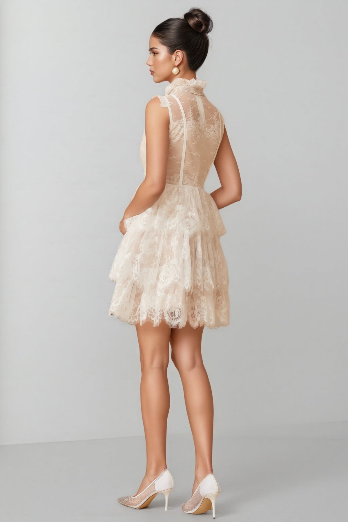 Lace High Neck Tiered Ruffle Mini Dress - View 6