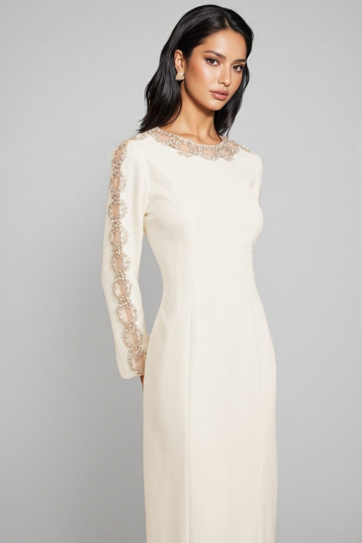 Lace Trim Round Neck Long Sleeve Princess Seam Column Maxi Gown - View 6