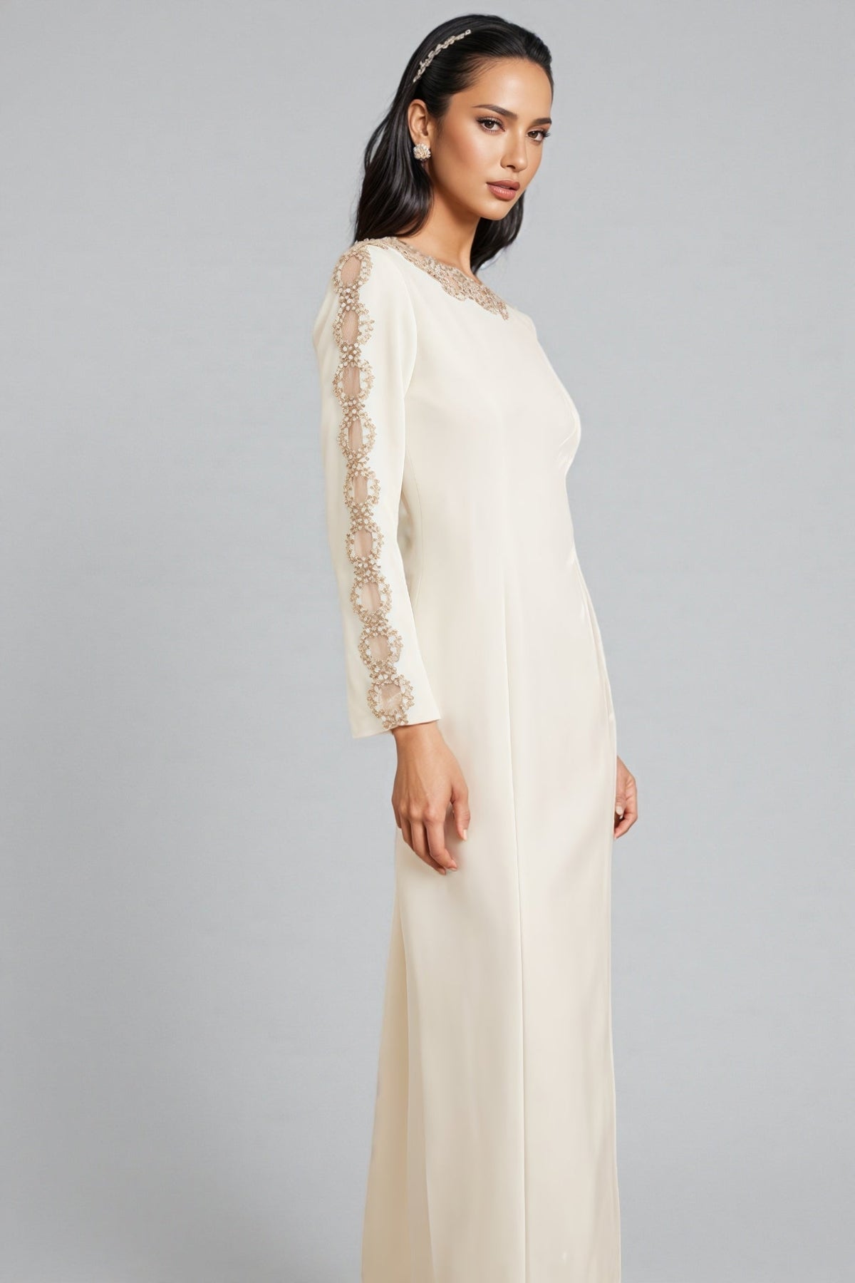 Lace Trim Round Neck Long Sleeve Princess Seam Column Maxi Gown - View 4