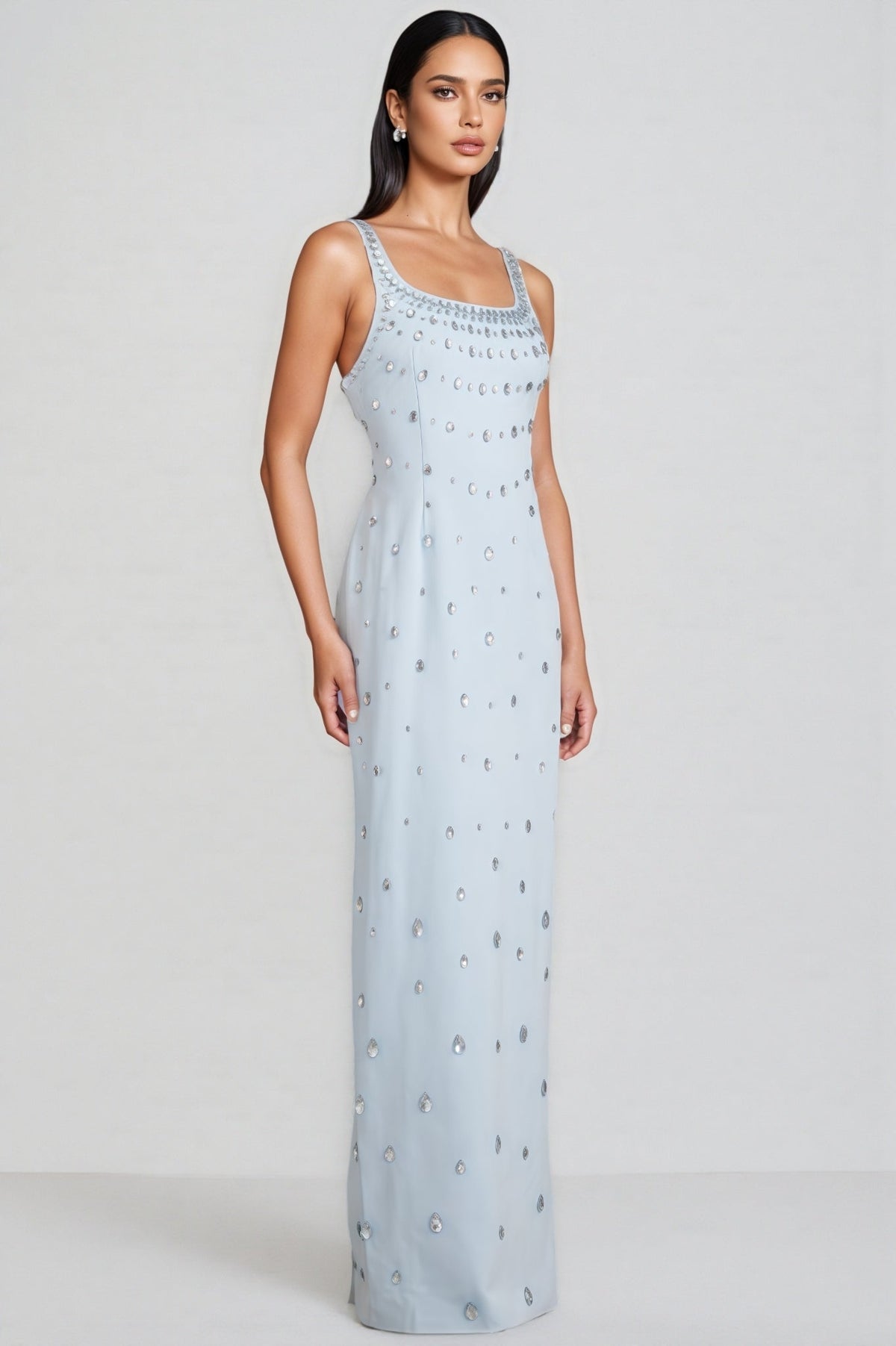 Rhinestone Scoop Neck Sleeveless Teardrop Embellished Column Maxi Gown - View 7