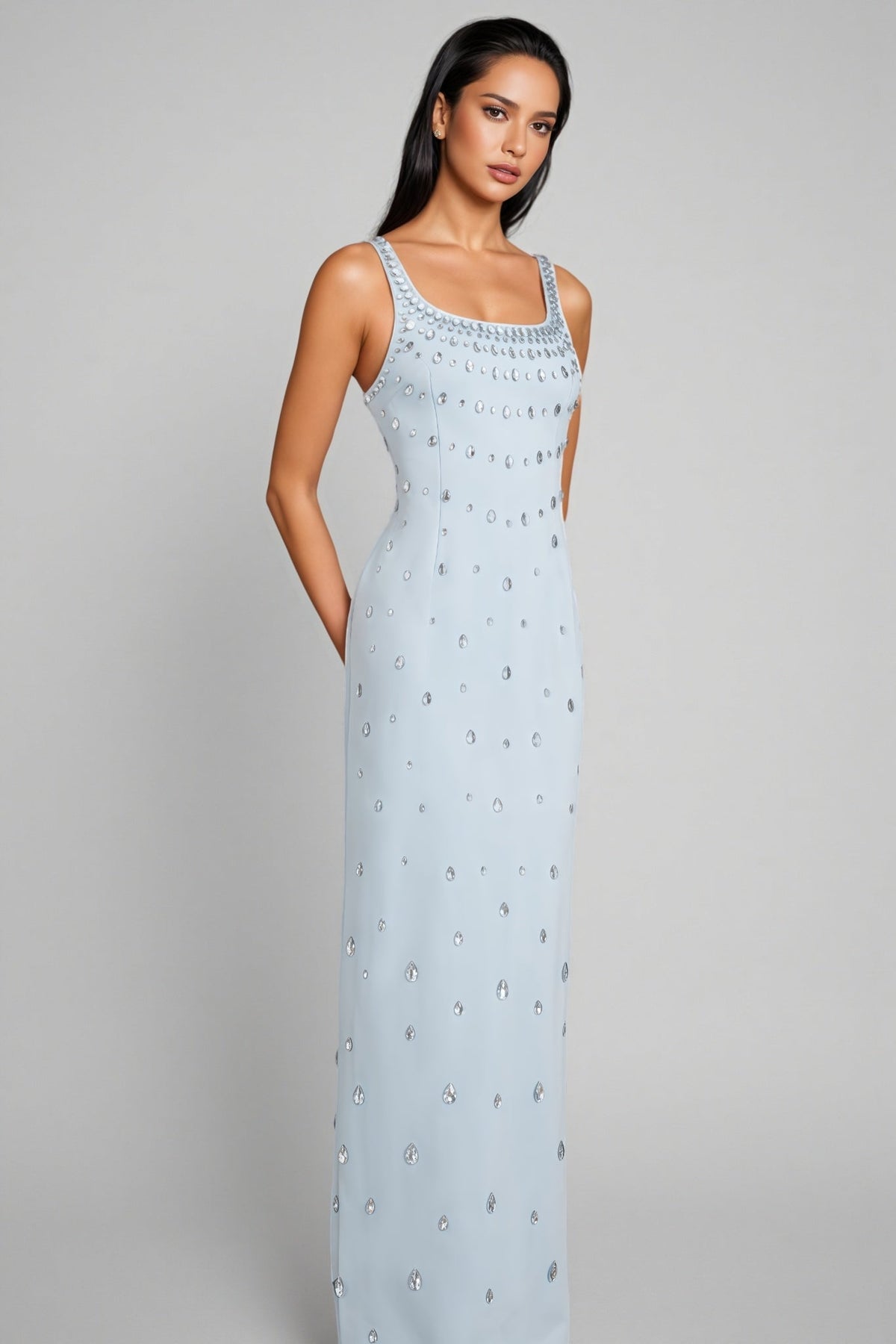 Rhinestone Scoop Neck Sleeveless Teardrop Embellished Column Maxi Gown - View 3