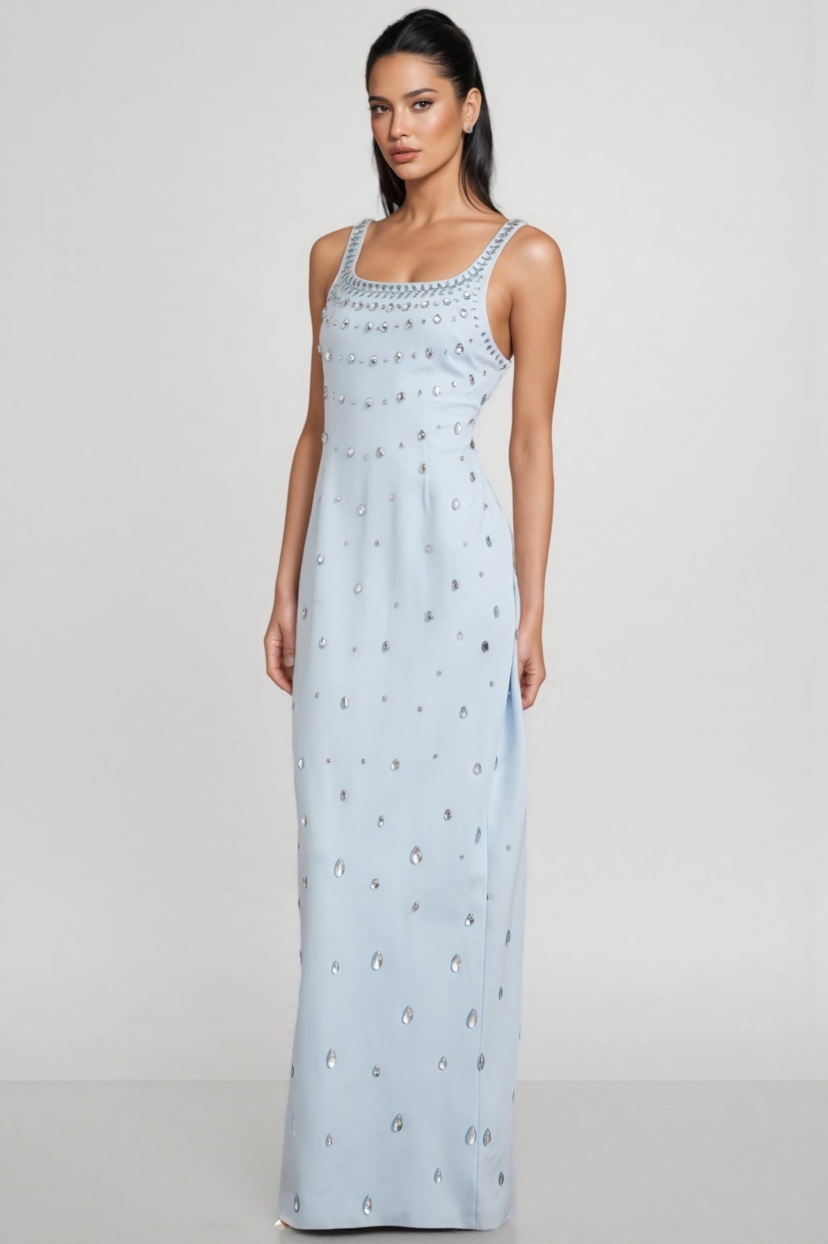 Rhinestone Scoop Neck Sleeveless Teardrop Embellished Column Maxi Gown - View 2