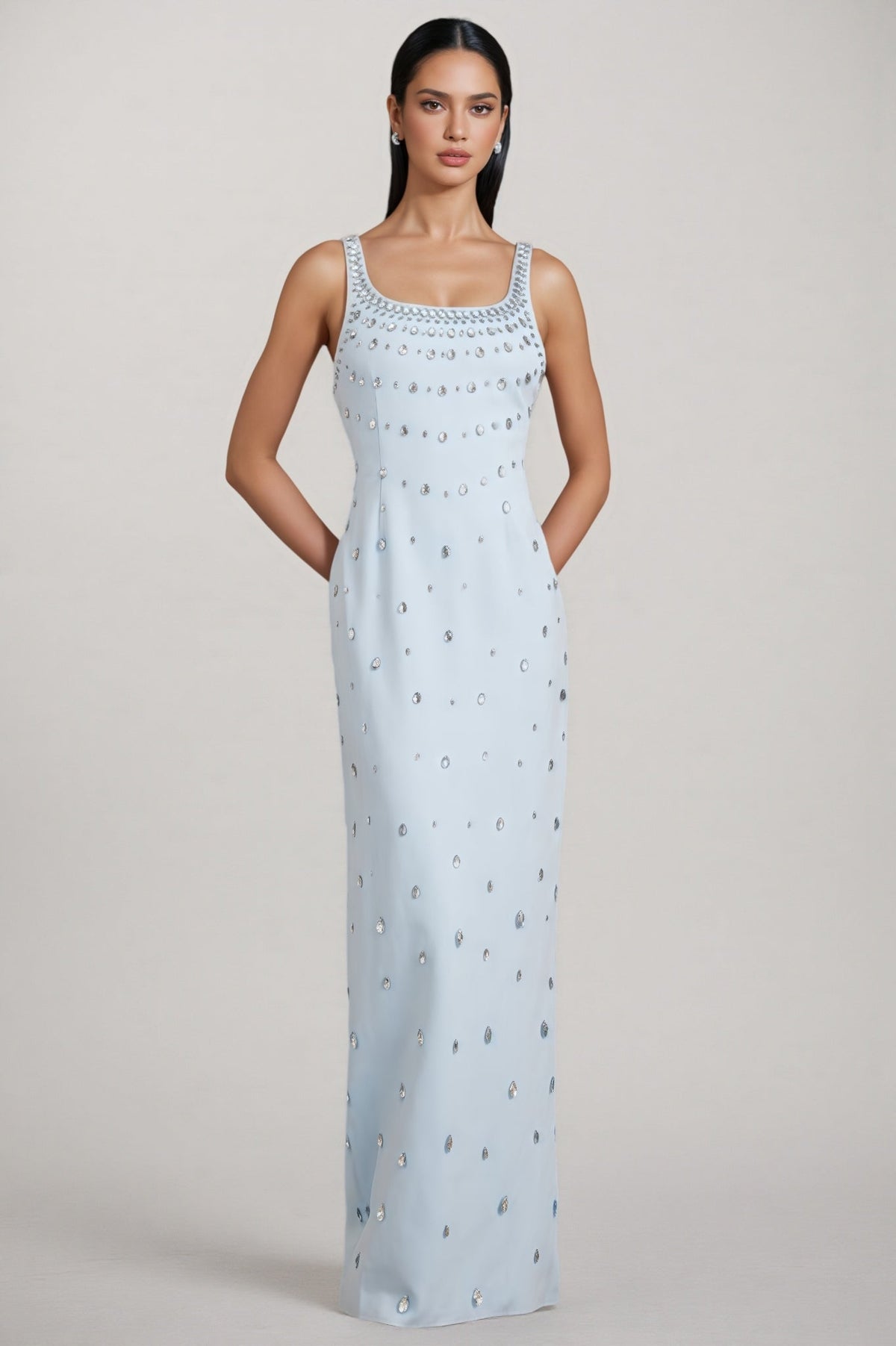 Rhinestone Scoop Neck Sleeveless Teardrop Embellished Column Maxi Gown - View 5