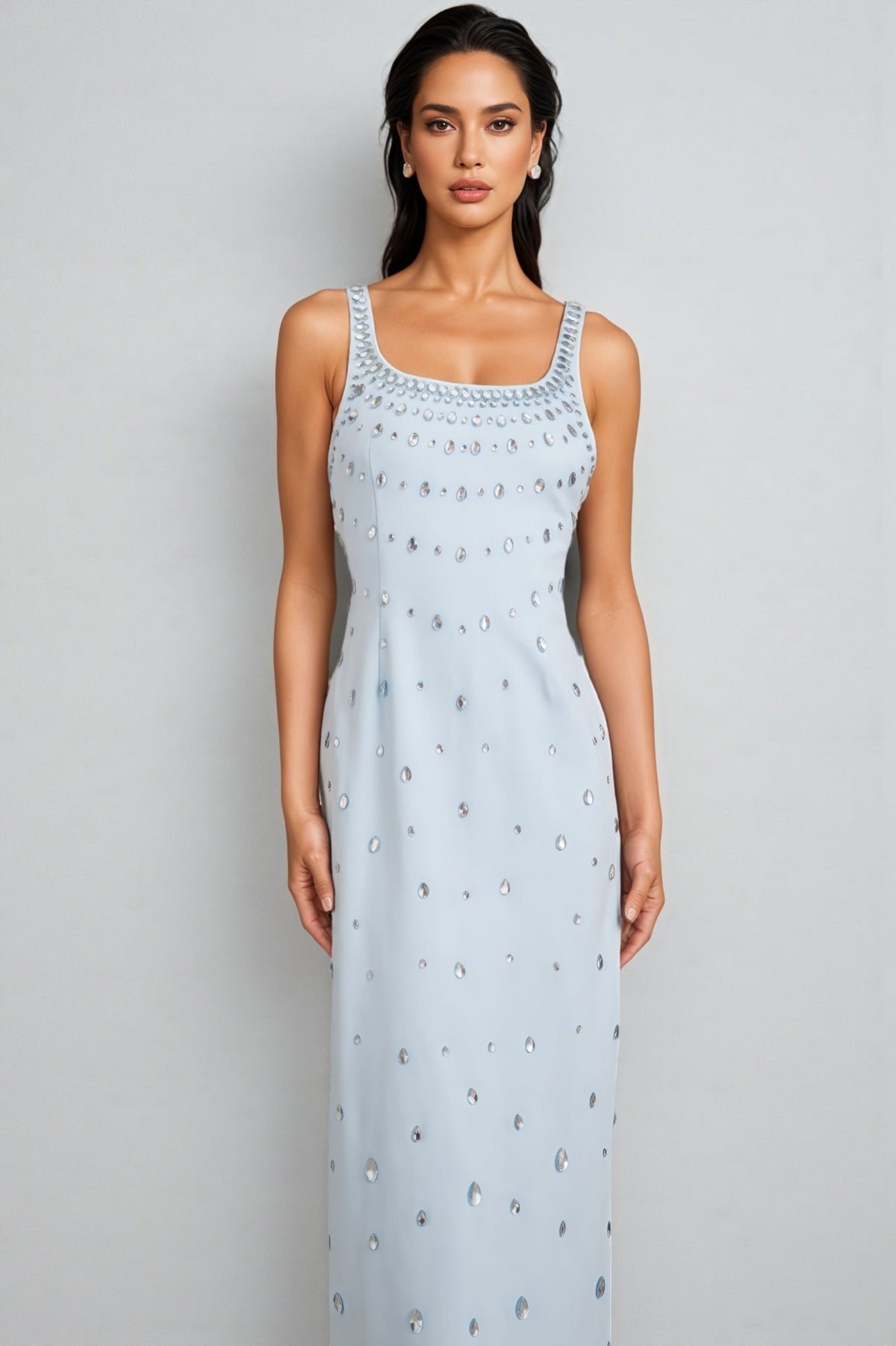 Rhinestone Scoop Neck Sleeveless Teardrop Embellished Column Maxi Gown - View 6