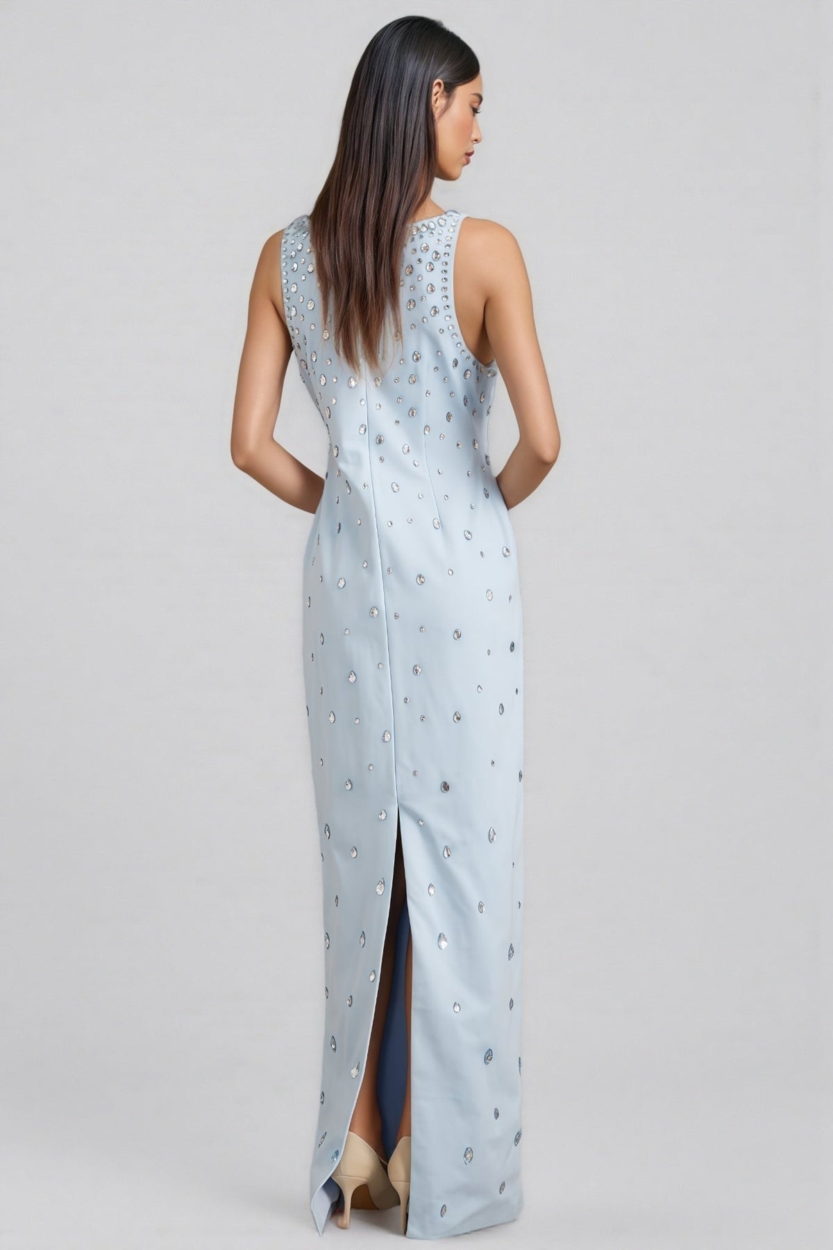 Rhinestone Scoop Neck Sleeveless Teardrop Embellished Column Maxi Gown - View 8