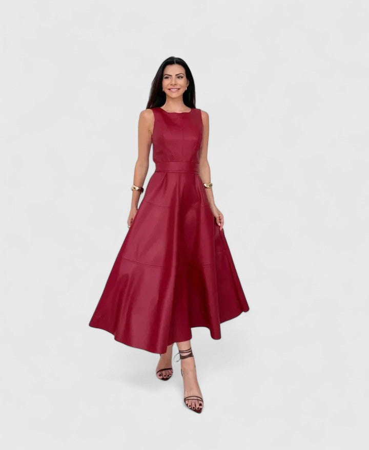 Faux Leather Round Neck Sleeveless Fit and Flare Midi Dress 2