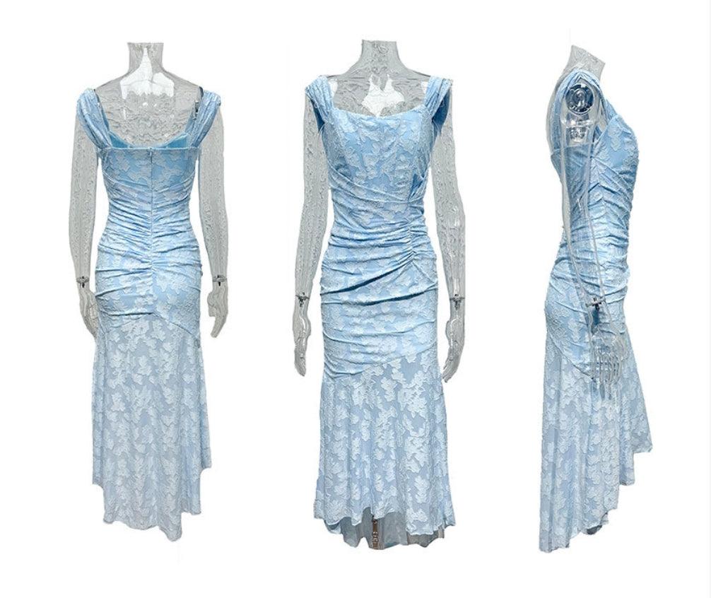 Square Neck Corset Bodice Lace High Low Fishtail Maxi Dress 9